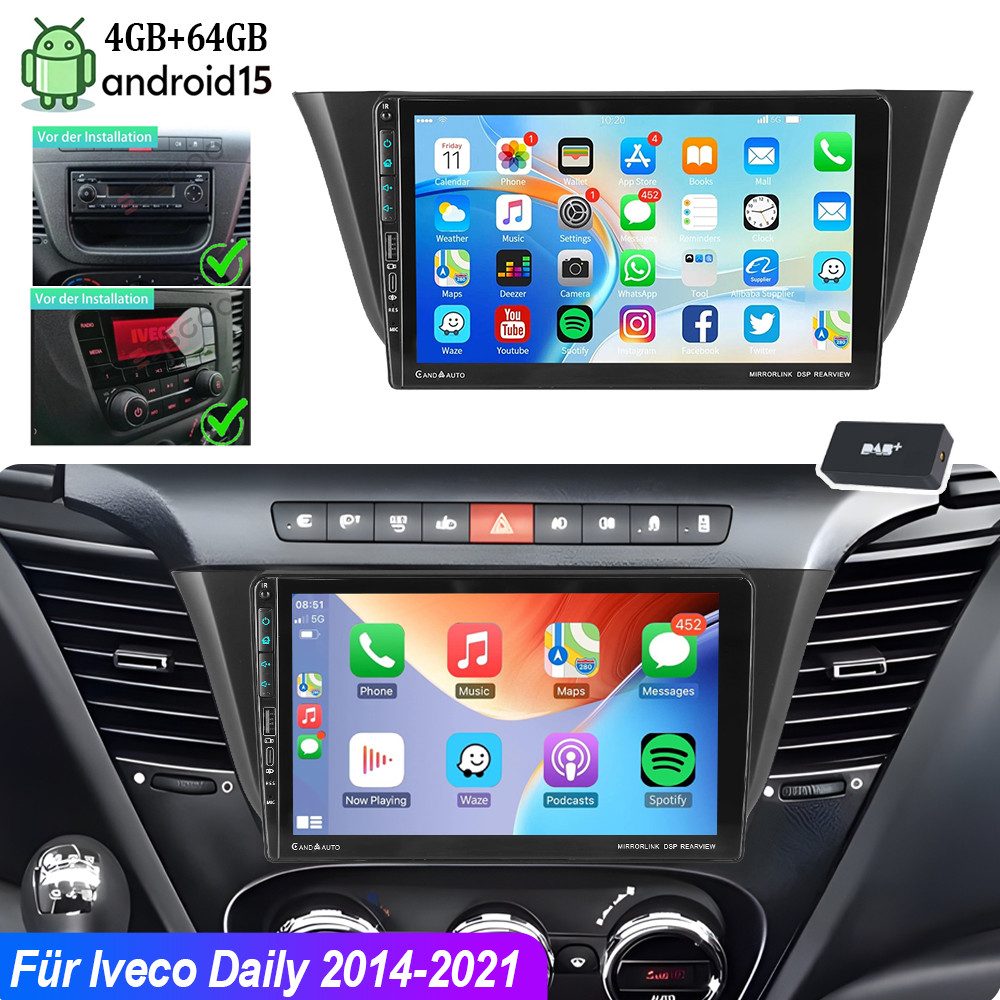 ESSGOO DAB+ Autoradio Android15 Für Iveco Daily 2014-21 Carplay GPS Navi USB Autoradio (RDS, 4+64GB(optional), FM, USB und Type-C, AM, DAB+ (optional), Carplay Android Auto Bluetooth EQ USB GPS Navi WIFI Touchscreen)