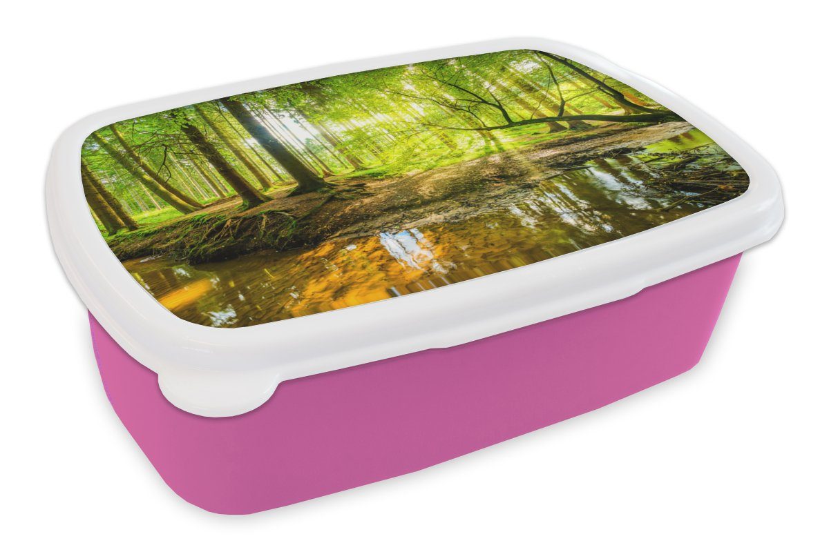 MuchoWow Lunchbox Wald - Landschaft - Wasser - Bäume - Sonne - Grün - Natur, Kunststoff, (2-tlg), Brotbox für Erwachsene, Brotdose Kinder, Snackbox, Mädchen, Kunststoff rosa