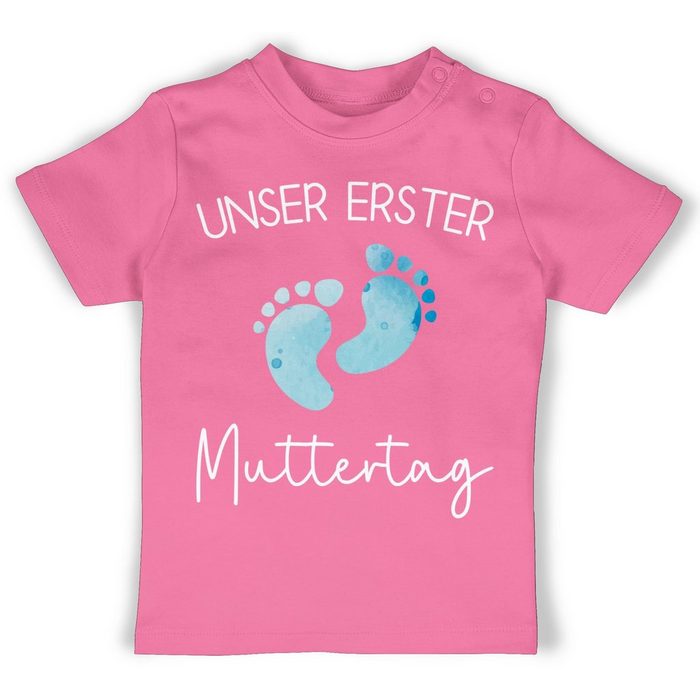 Shirtracer T-Shirt Unser erster Muttertag Aquarell Füße blau - Muttertagsgeschenk Baby - Baby T-Shirt kurzarm Geschenk Idee für Mama zum Muttertag