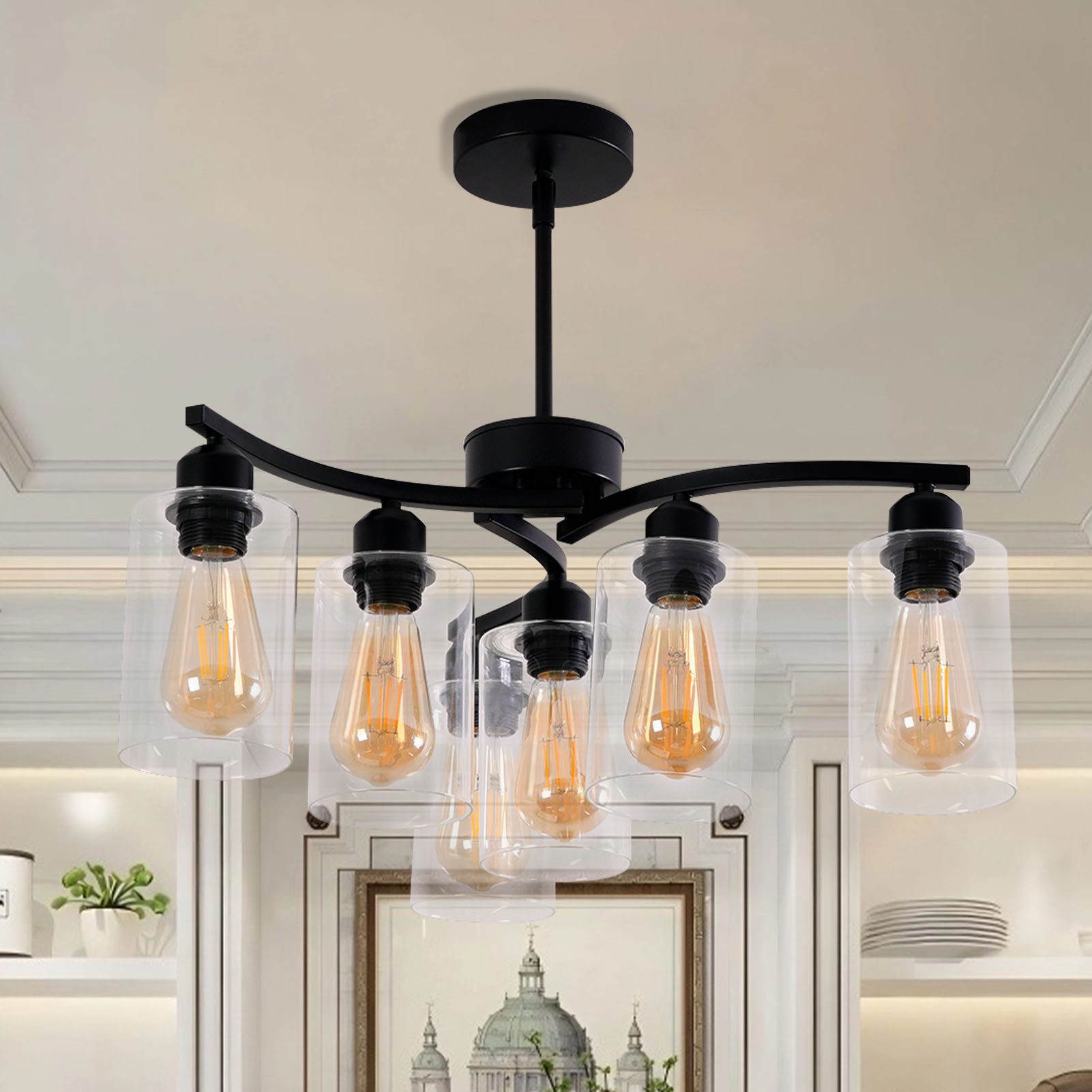 POPOLIC Pendelleuchte Deckenleuchte 20" 6-flammige große Pendelleuchte, mit klarem Glasschirm, moderne Pendelleuchte im Bauernhausstil, für Esszimmer, Wohnzimmer und Küche