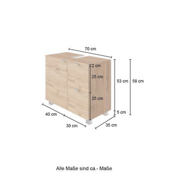 möbelando Waschbeckenunterschrank Bogota Moderner Waschbeckenunterschrank, Korpus und Front aus melaminharzbeschichteter Spanplatte in Wotaneiche, mit 1 Tür, 2 Auszügen und Siphon Ausschnitt, Breite 70 cm, Höhe 53 cm, Tiefe 35 cm