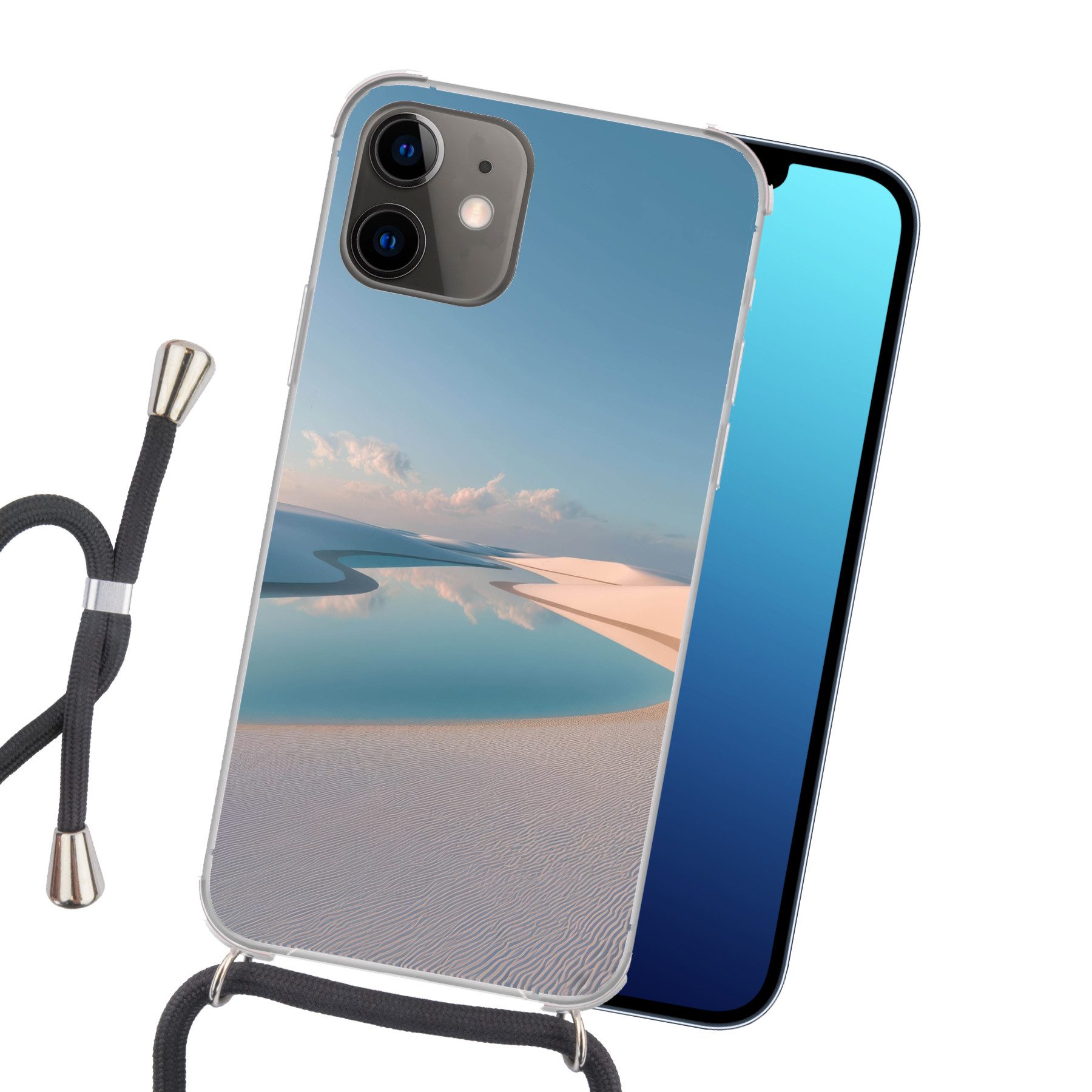 MuchoWow Handyhülle für Apple iPhone 12 Dünen - Teich - Unendliche Stille, Tragbare Handyhüllen mit Kette zum umhängen, Handykette Handyband