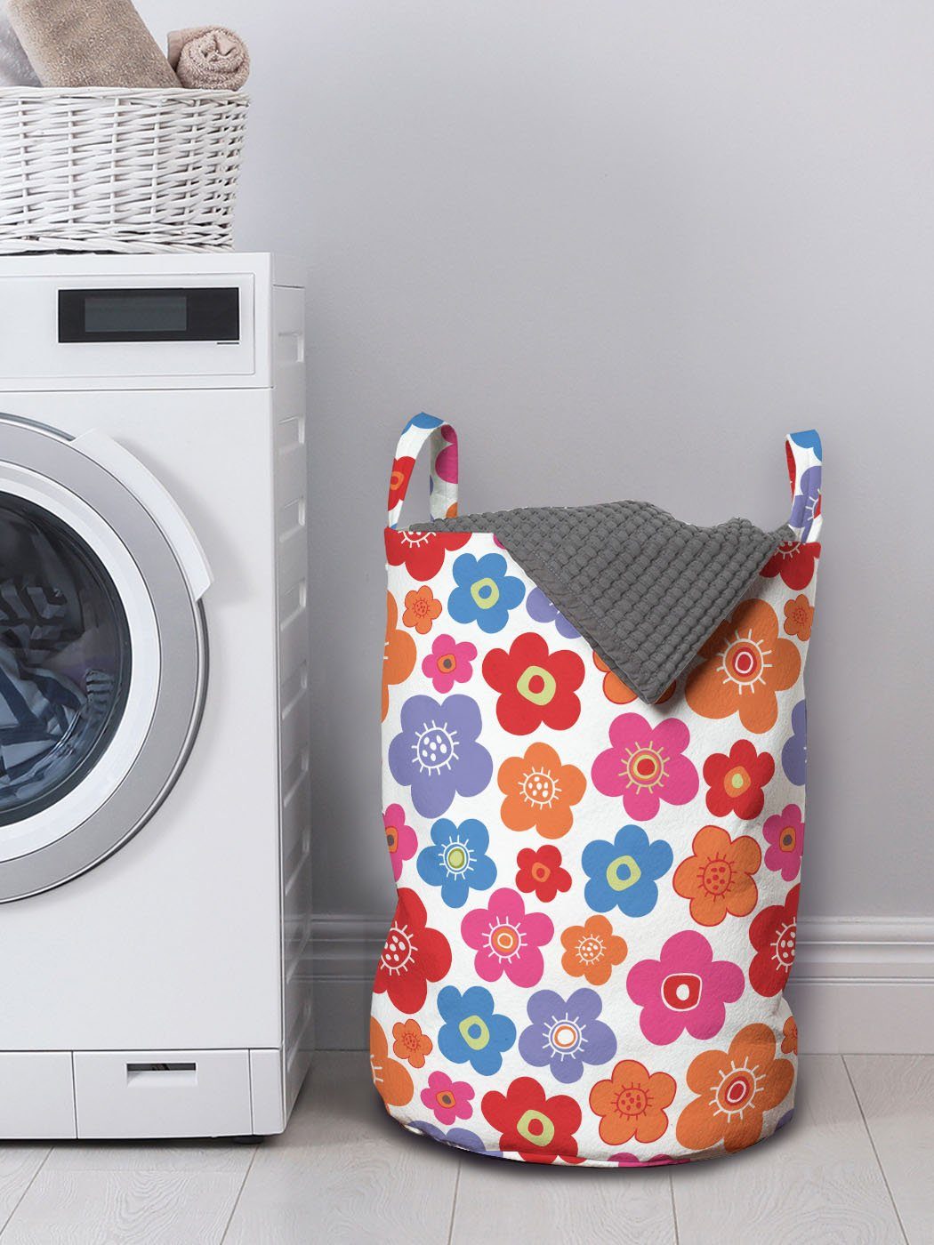 Waschsalons, in Stil für mit Doodle Wäschekorb Kordelzugverschluss Griffen Abakuhaus Blumen Wäschesäckchen Bunt