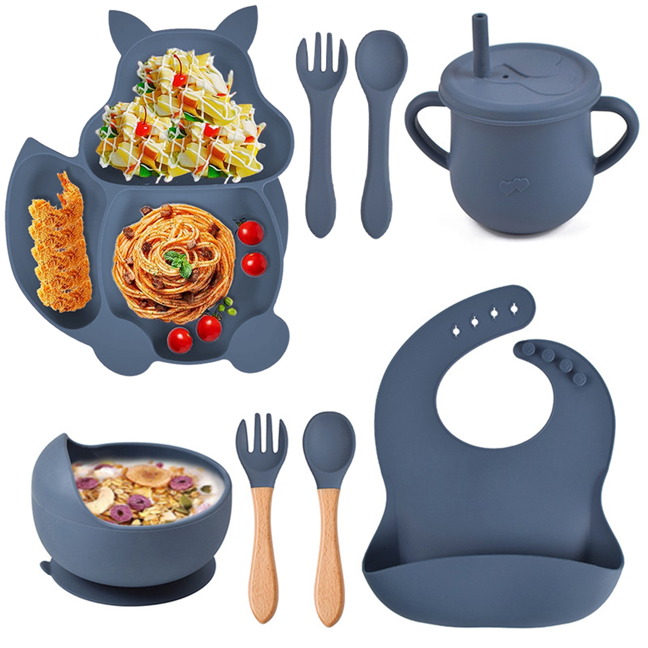 KINSI Kindergeschirr-Set Kindergeschirr-Set 8-teilig, Silikongeschirr, Eichhörnchen-Design, 1 Personen, rutschfestes, Löffel-, Gabel-, Schüssel-, Teller- und Besteckset