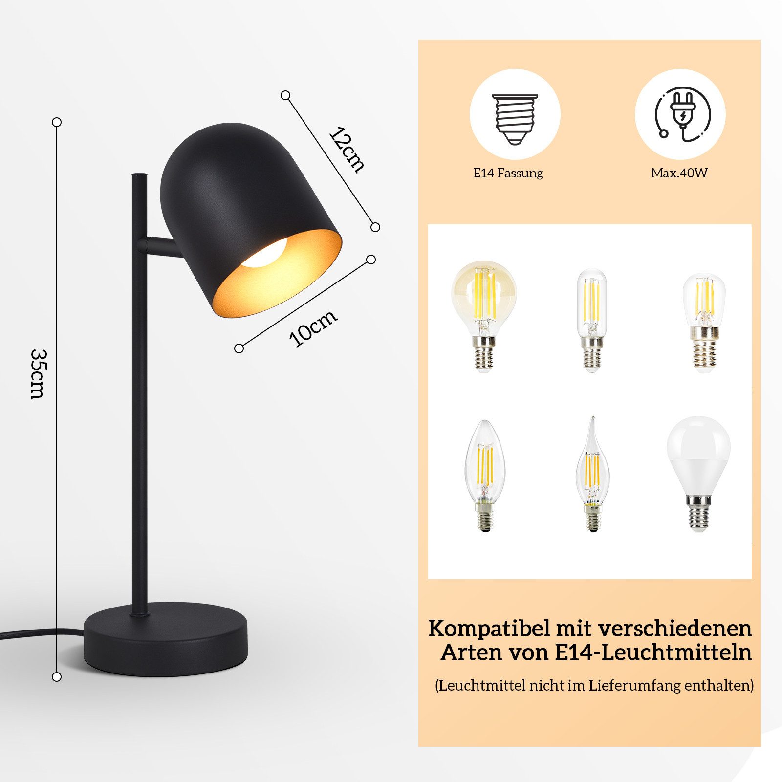 ZMH Tischleuchte Wohnzimmer Schwarz Gold Metall Schwenbar 350° E14 Nachttis günstig online kaufen