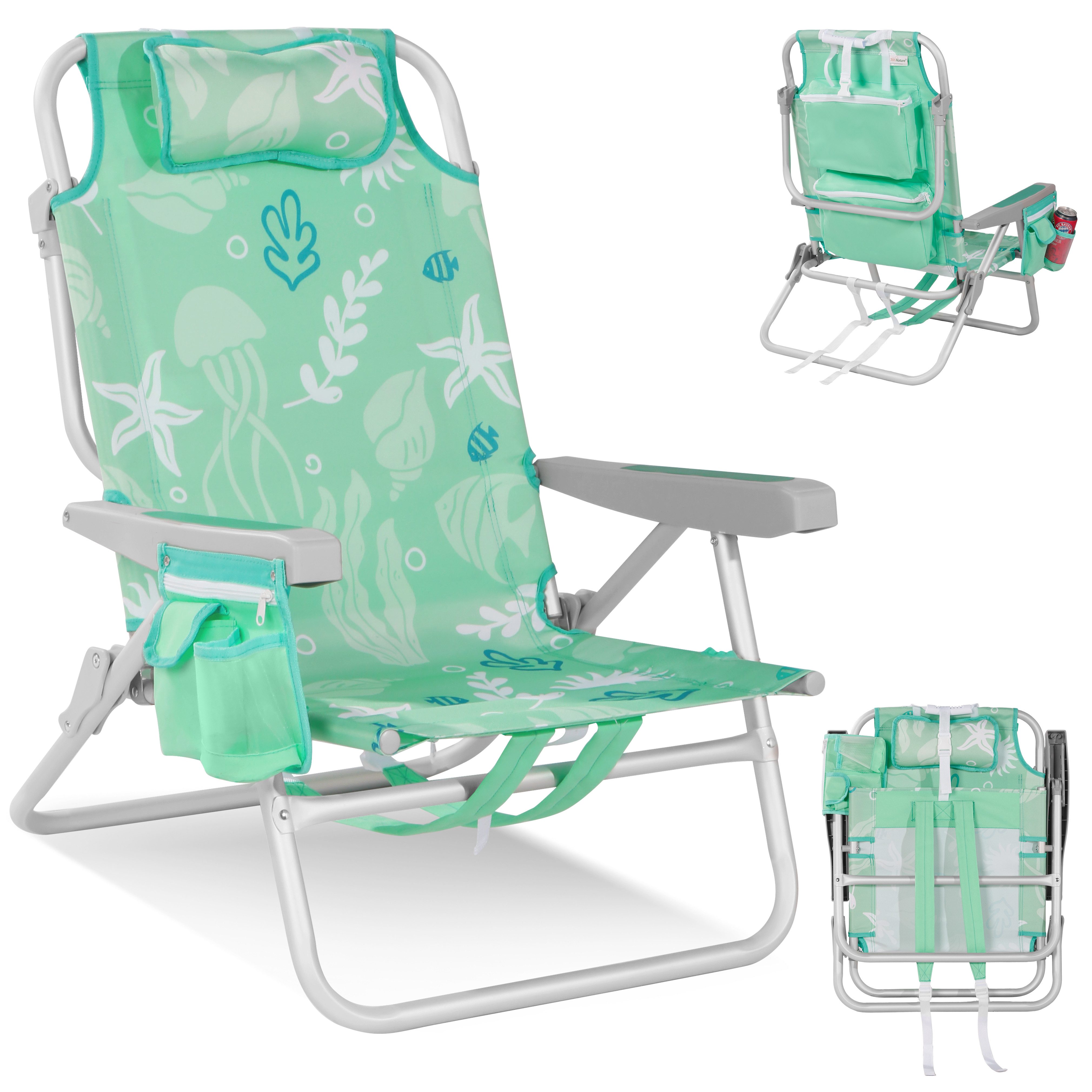 HOMECALL Klappstuhl Strandstuhl Leicht Klappbar Camping, 5-fach verstellbare Rückenlehne (Bis150KG Aluminiumrahmen, groBe Kuhitasche und Aufbewahrungstasche, 1 St), Seitentaschen, Kopfstütze, Schultergurten, Handtuchhalter