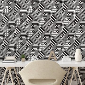 Abakuhaus Vinyltapete selbstklebendes Wohnzimmer Küchenakzent, Schwarz und weiß Stripes Sqaures