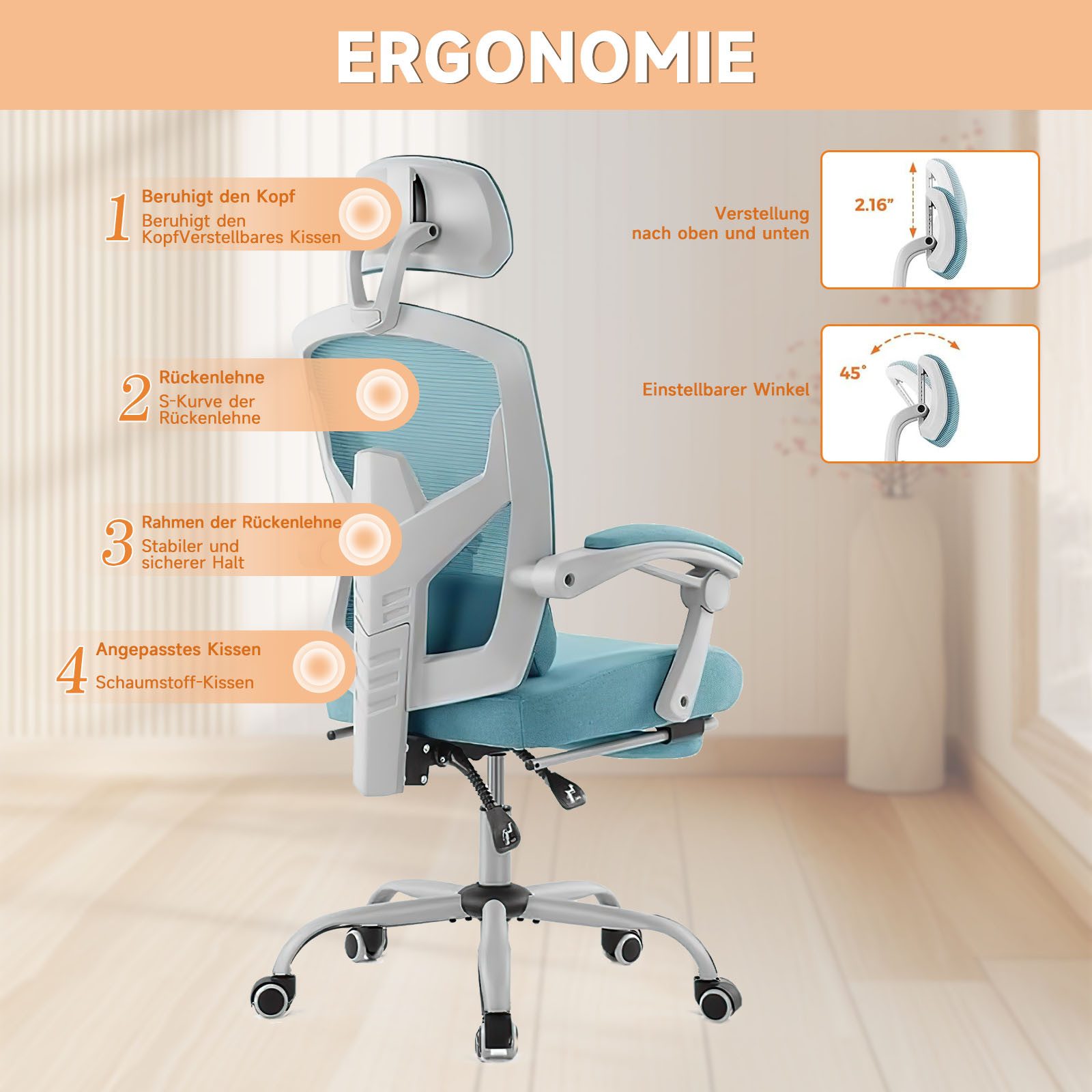 SURFOU Chefsessel Bürostuhl Schreibtischstuhl Stuhl Office Chair Drehstuhl Computerstuhl, Verstellbarer Lordosenstütze Armlehne, Höhenverstellung