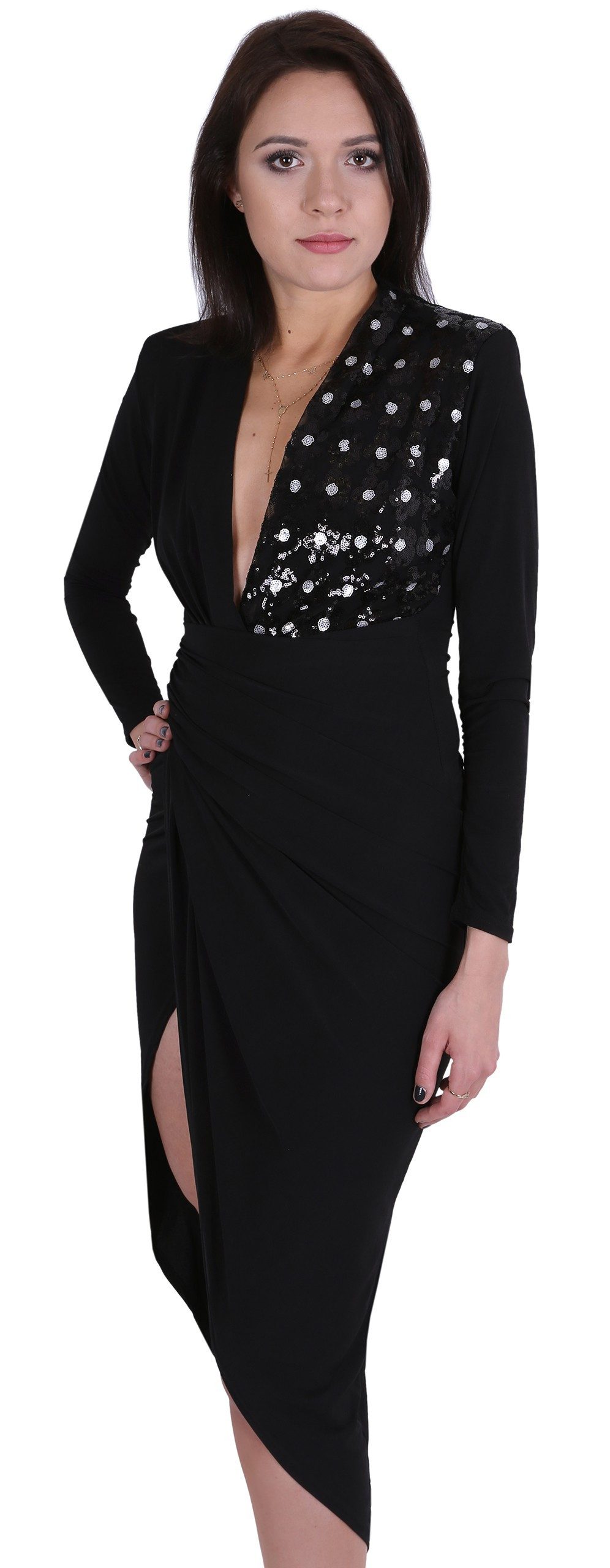 Sarcia.eu Maxikleid John Zack schwarzes Maxi-Kleid mit Pailetten und Drapierung S