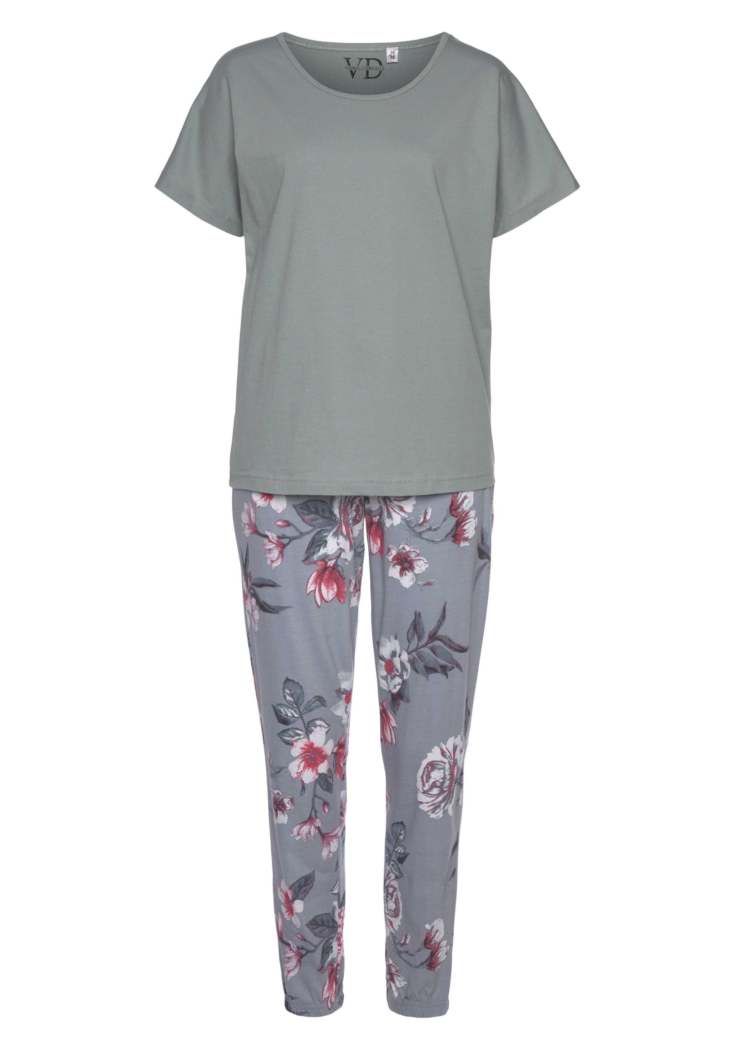 Vivance Dreams Pyjama (2 tlg., 1 Stück) mit Hortensienmuster, Seitliche  Eingrifftaschen und elastische Beinabschlüsse