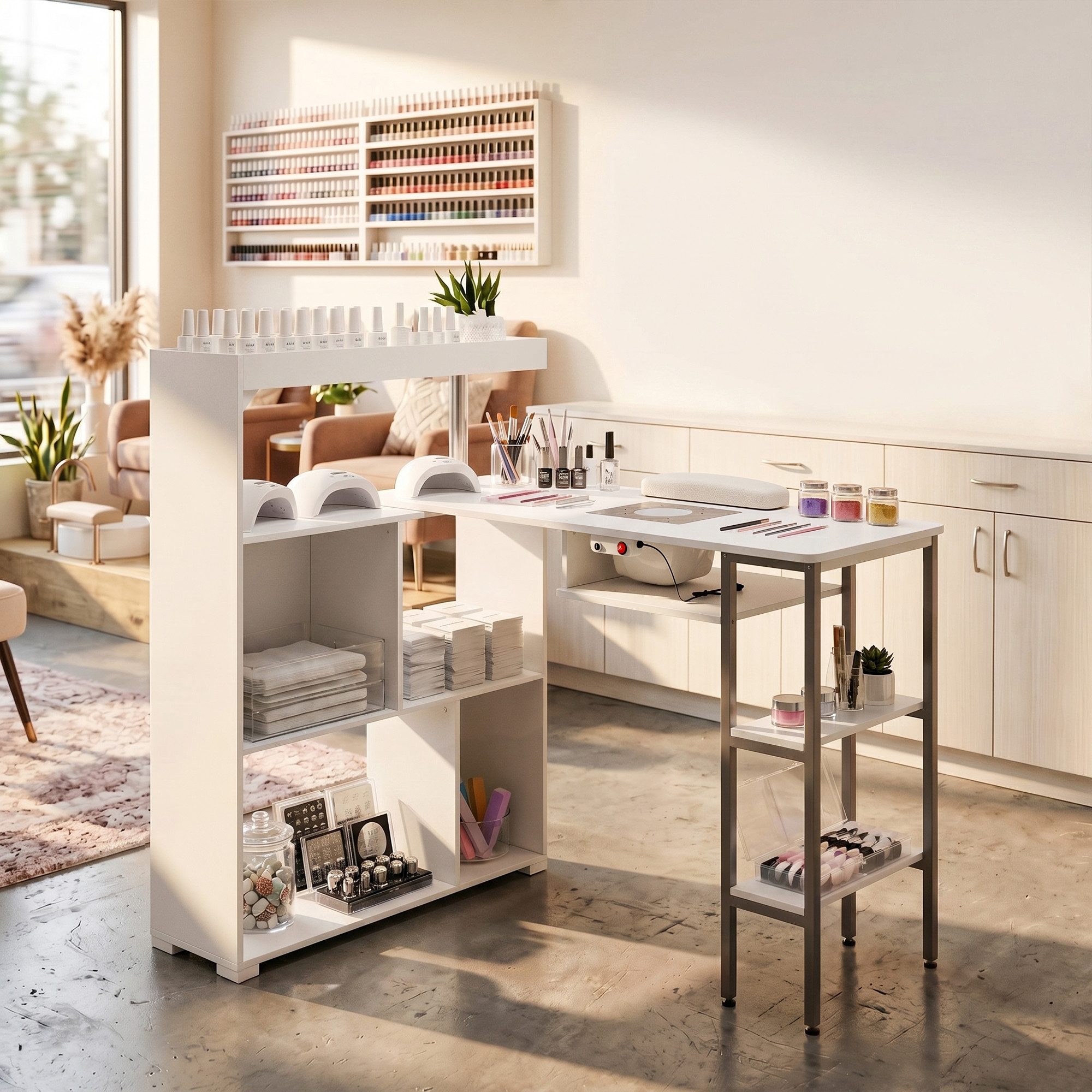 FUFU&GAGA Arbeitstisch Manikuertisch drehbar mit Staubabsaugung, Eck-Nageltisch Regal, Weiß