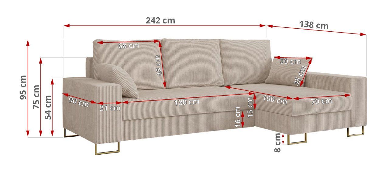 Beige MÖBEL Lincoln mit Kissen DORIAN, L-Form Schlaffunktion, lose Stil, Ecksofa Couch MKS Modern