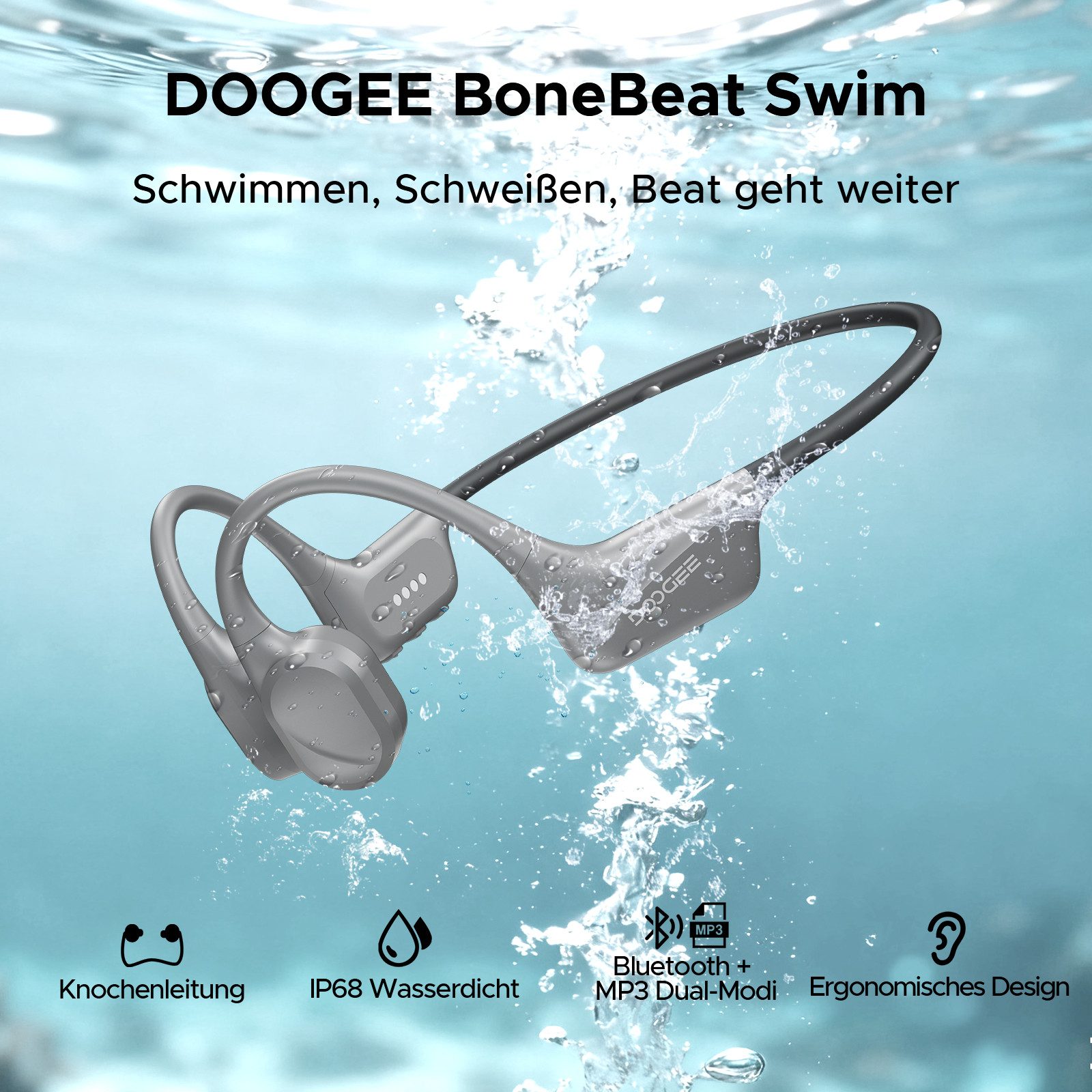 DOOGEE DOOGEE Bone Conduction Kopfhörer IP68 Open-Ear Bluetooth 5.4 Bluetooth-Kopfhörer (Bluetooth, 32GB MP3 Dual-Modus Sportkopfhörer für Schwimmen & Training)
