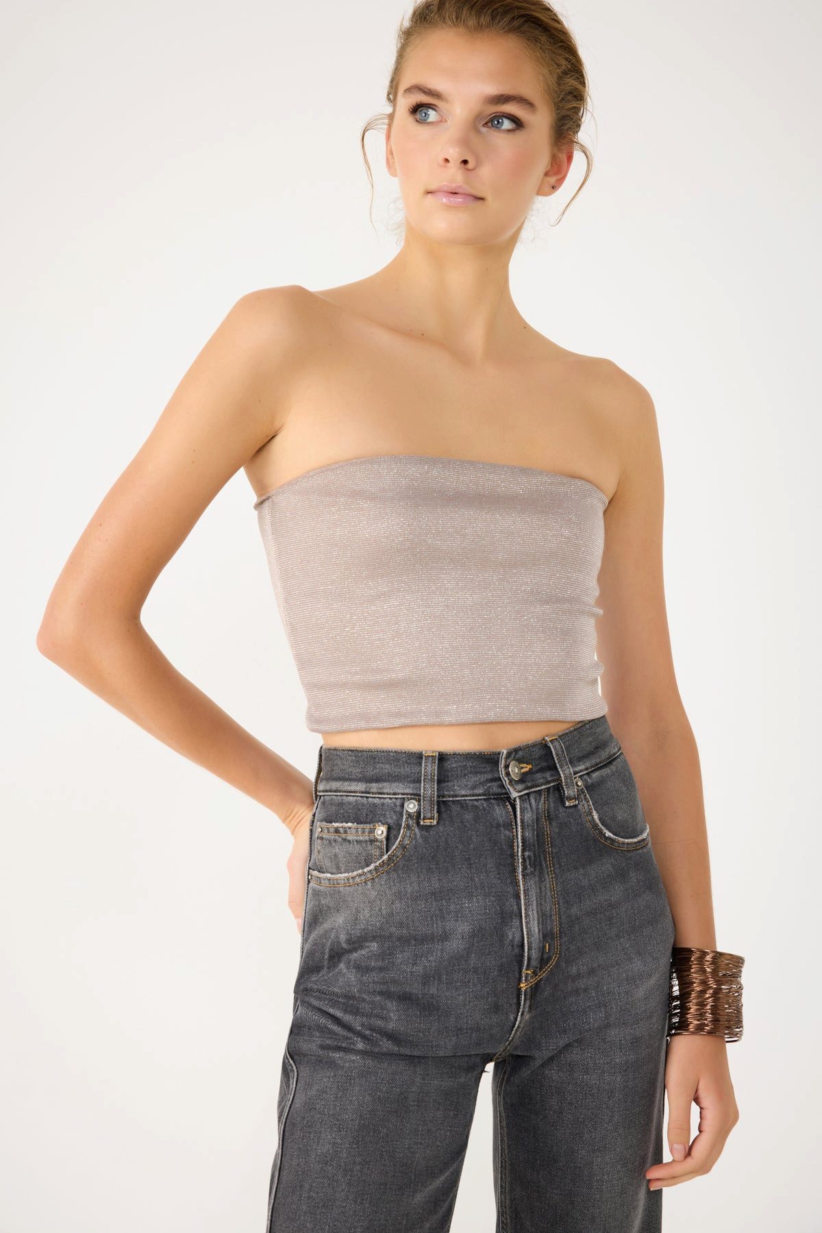 Blusentop Glänzendes, trägerloses Crop-Top aus Stoff