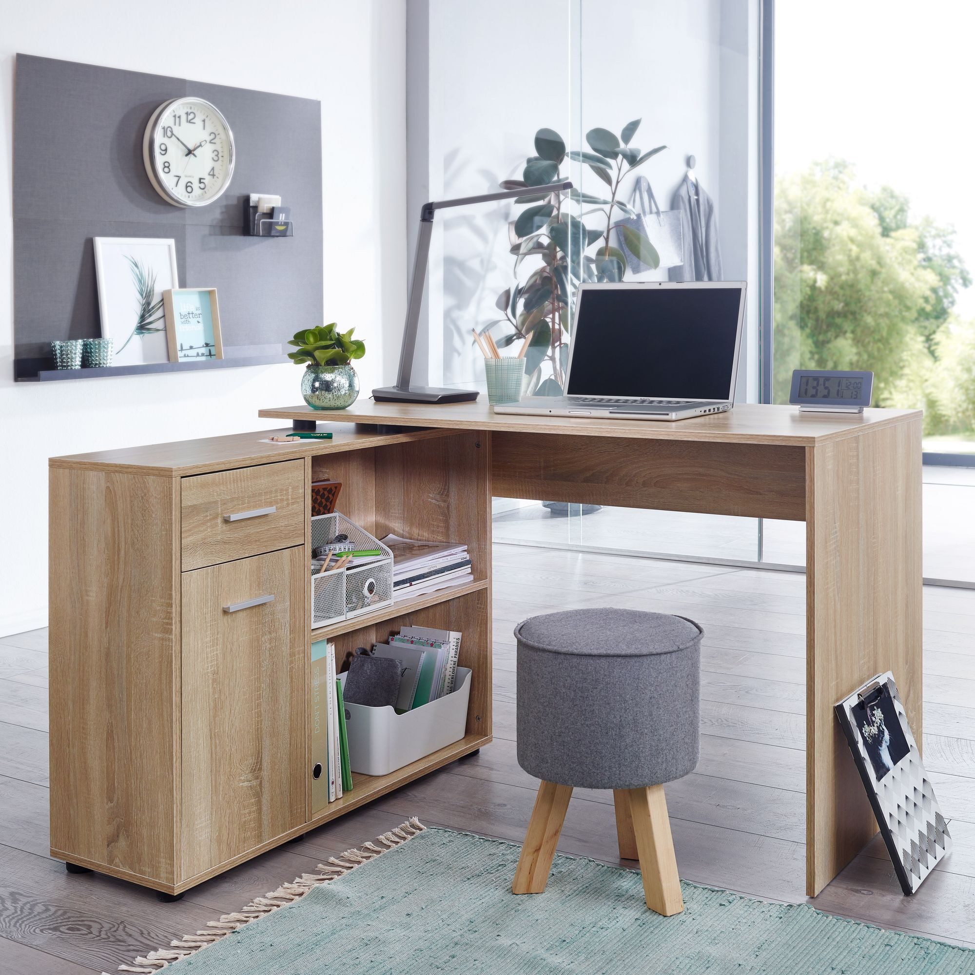 Wohnling Schreibtisch WL5.304 Regal Eck Sonoma Bürotisch 120 cm Home Office (Eckschreibtisch 120 x 75,5 x 106,5 cm Sonoma), HomeOffice Bürotisch Schreibtischkombination