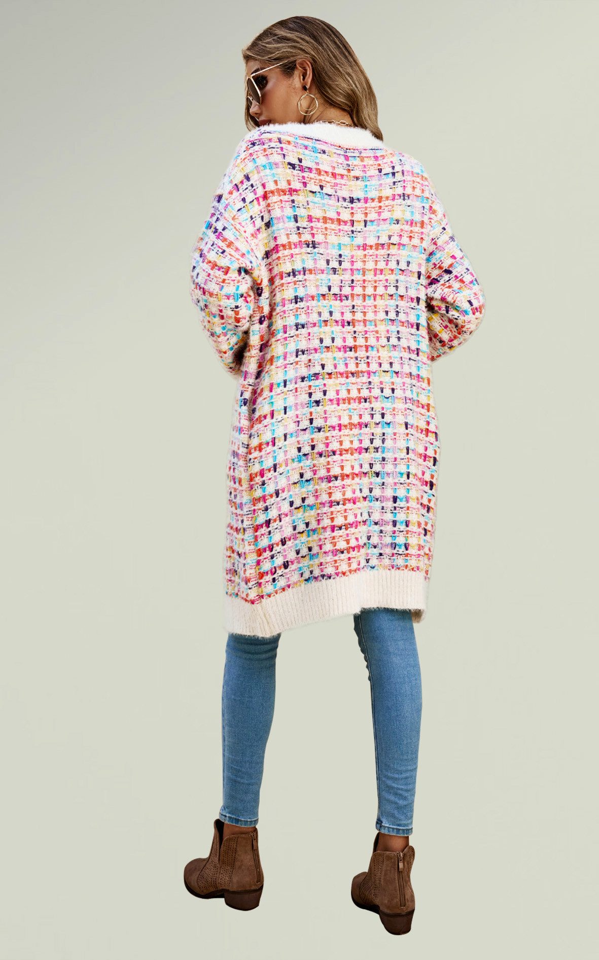 FS Collection Longstrickjacke Bouclé Strickjacke Cardigan mit Karomuster – gemütlicher Stil (Einheitsgröße: UK 8–16 / EU 36–44, 3 Farben : Cremeweiß Bunt, Marineblau Bunt und Braun Bunt) 100 % Acryl
