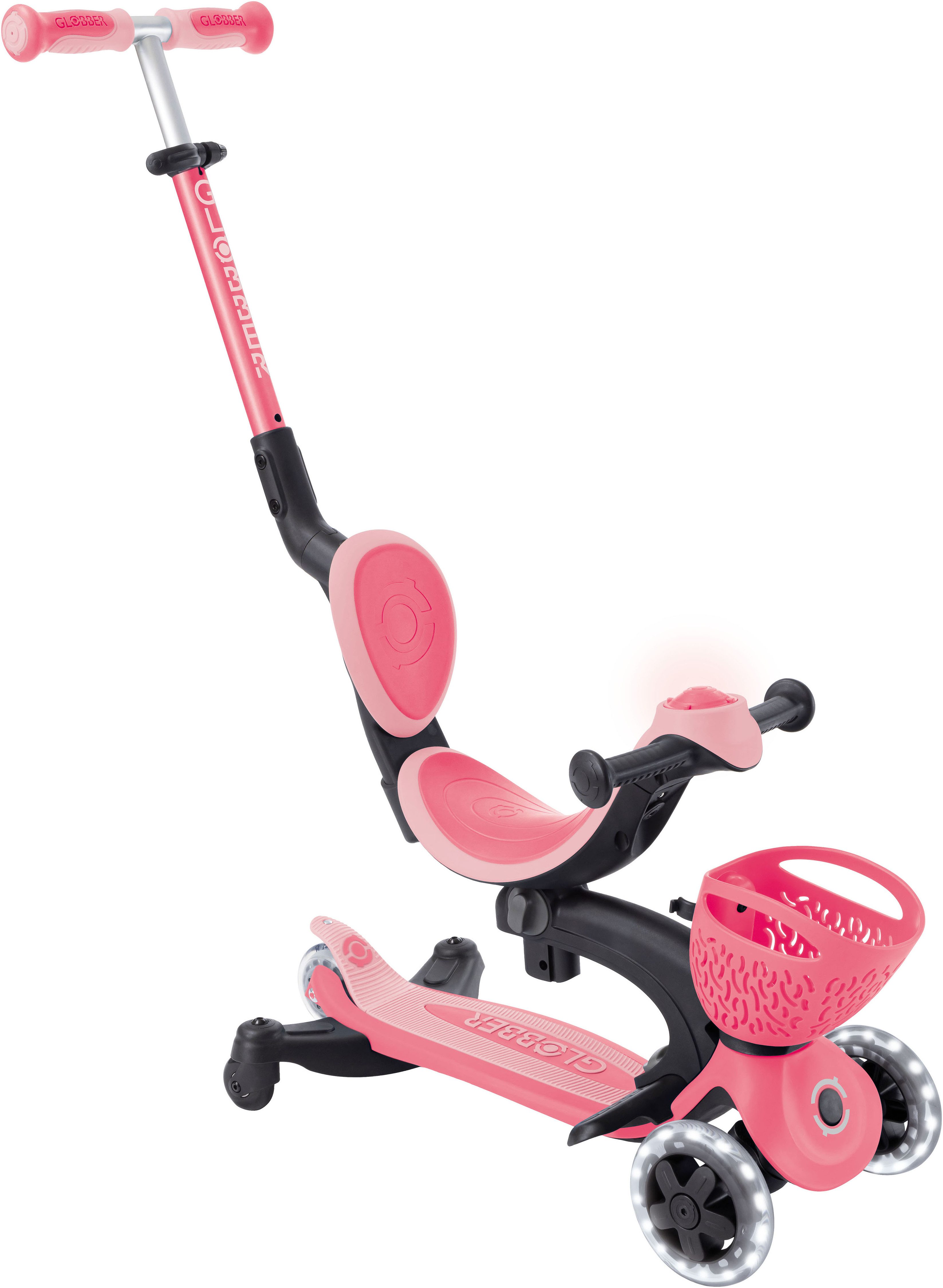 Globber Tretroller GO-UP BABY 360 LIGHTS, mit Leuchtrollen und Leuchtmodul, Aufsitzrad, Laufrad und Scooter in Einem
