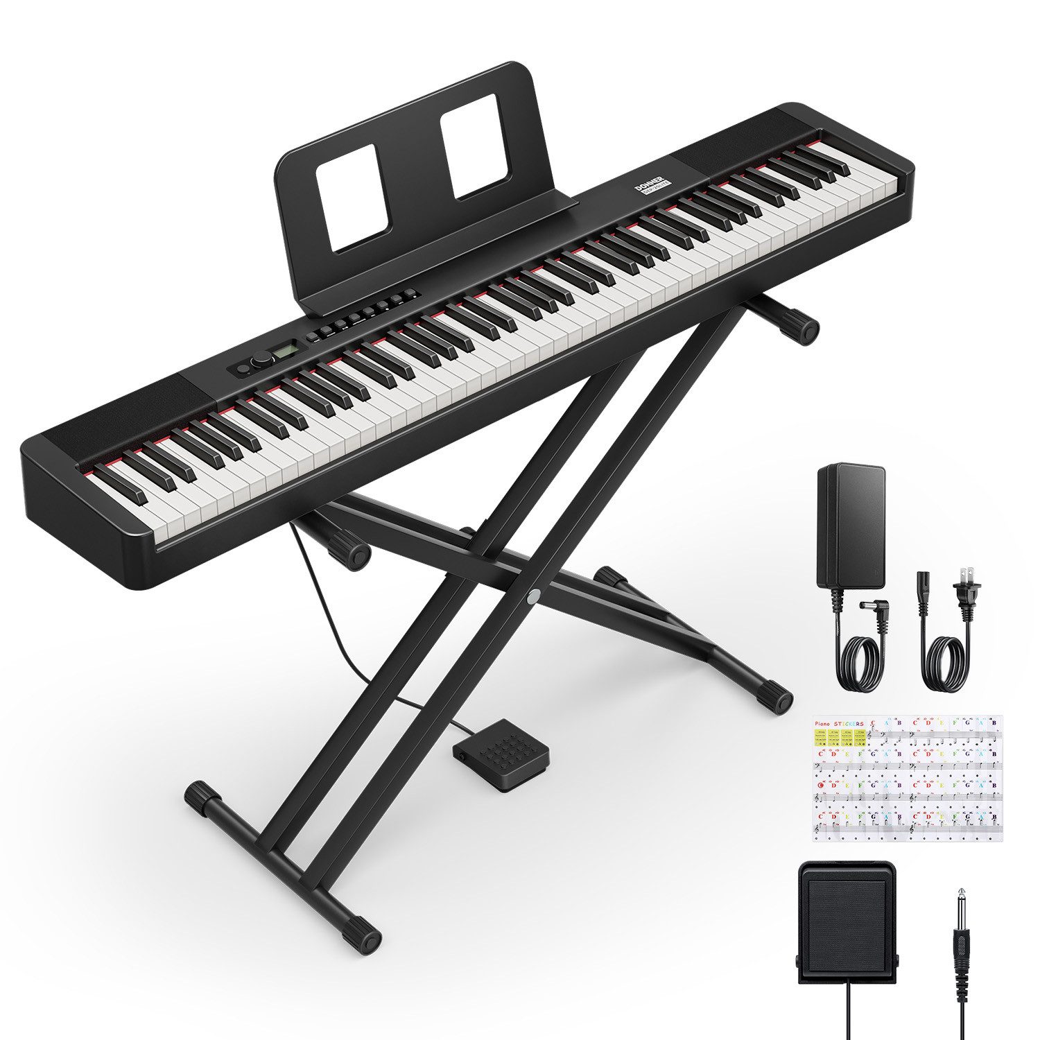 Donner Digitalpiano E-Piano 88 Tasten gewichtete Dual-Tastaturmodus Mit Ständer DEP-20Lite (set, mit Ständer, Haltepedal, und Tastaturaufklebern), für Anfänger Tragbares E-Piano