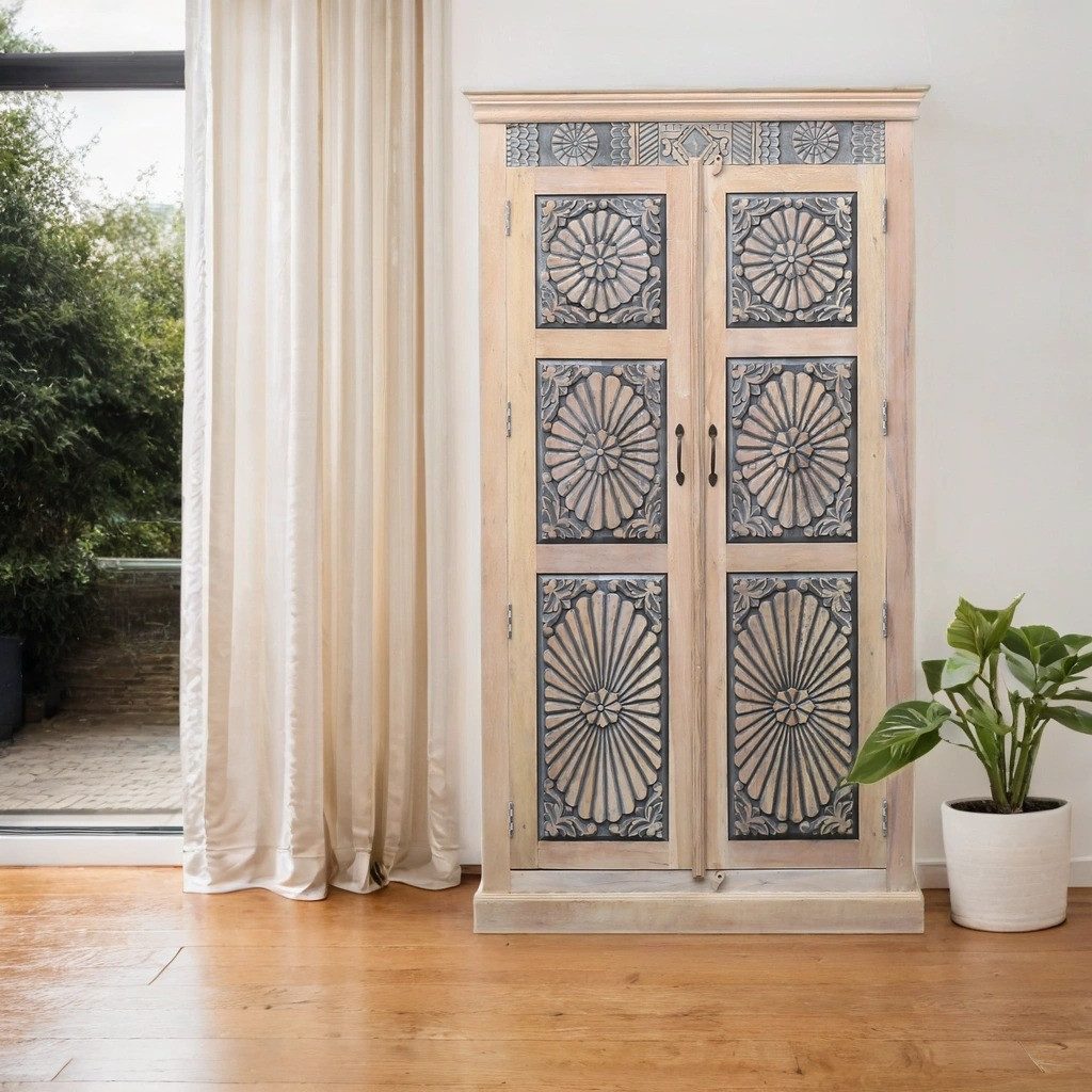 Marrakesch Orient & Mediterran Interior Highboard Kleiderschrank Abilene handgefertigt aus Teakholz Möbel massiv 183 cm (1 St), Handarbeit