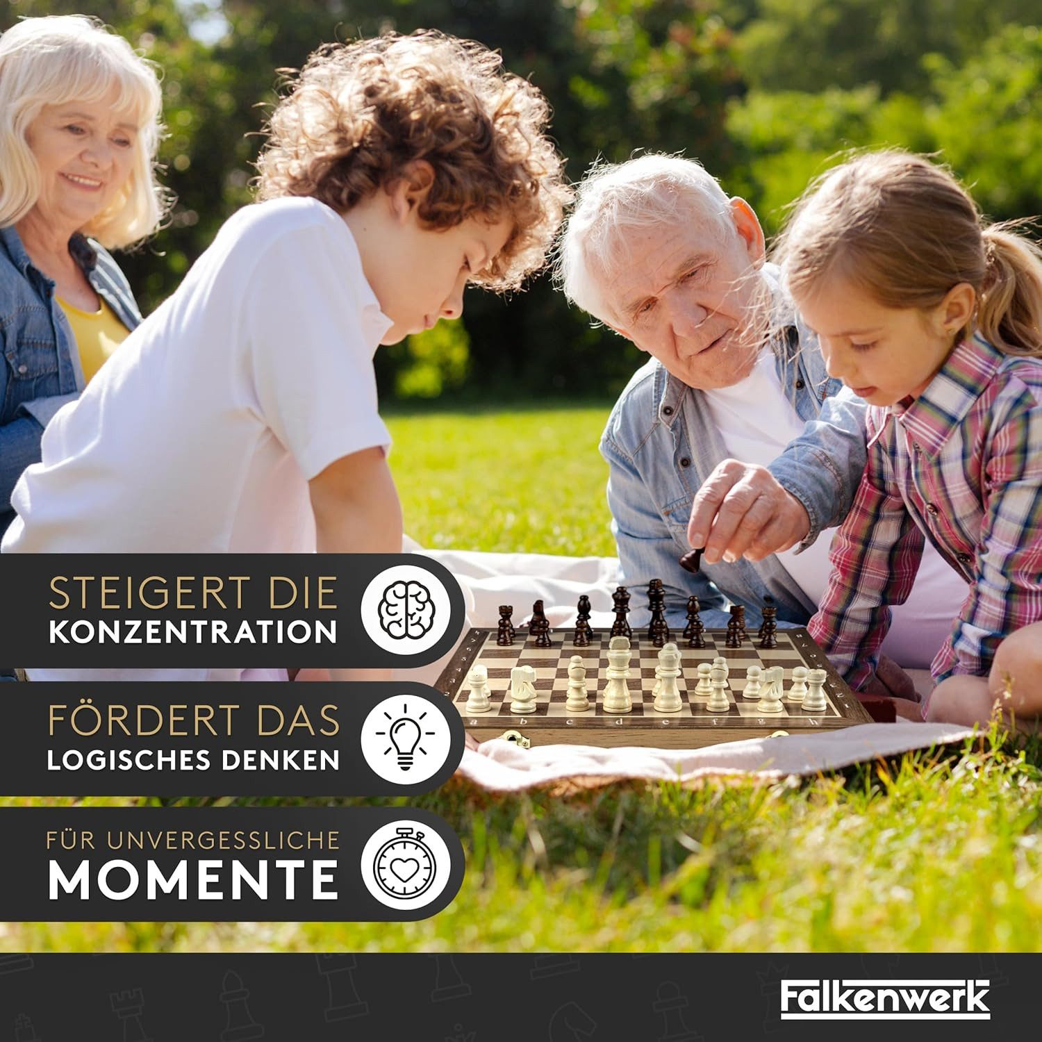 Falkenwerk Spiel magnetisches Schachspiel aus Holz [38x38 cm], Spielfiguren aus Echtholz mit Magnetfuß & Filz, Ratgeber & Tragetasche
