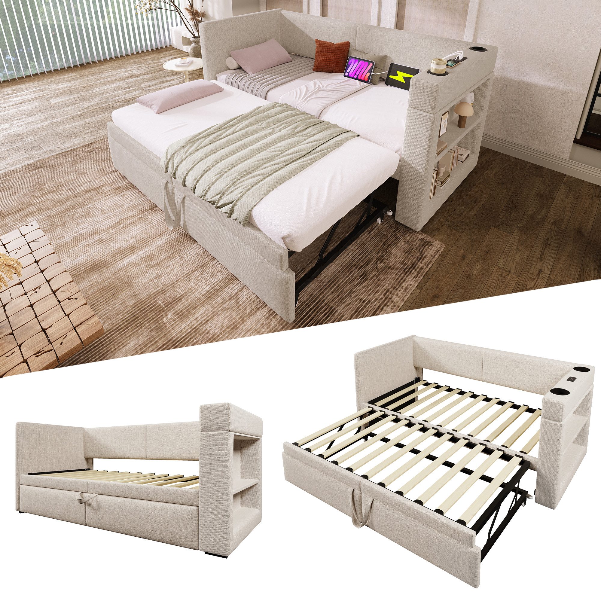 STILVORA Polsterbett Polsterbett 90x200 mit USB und Getränkehalter,Tagesbet günstig online kaufen