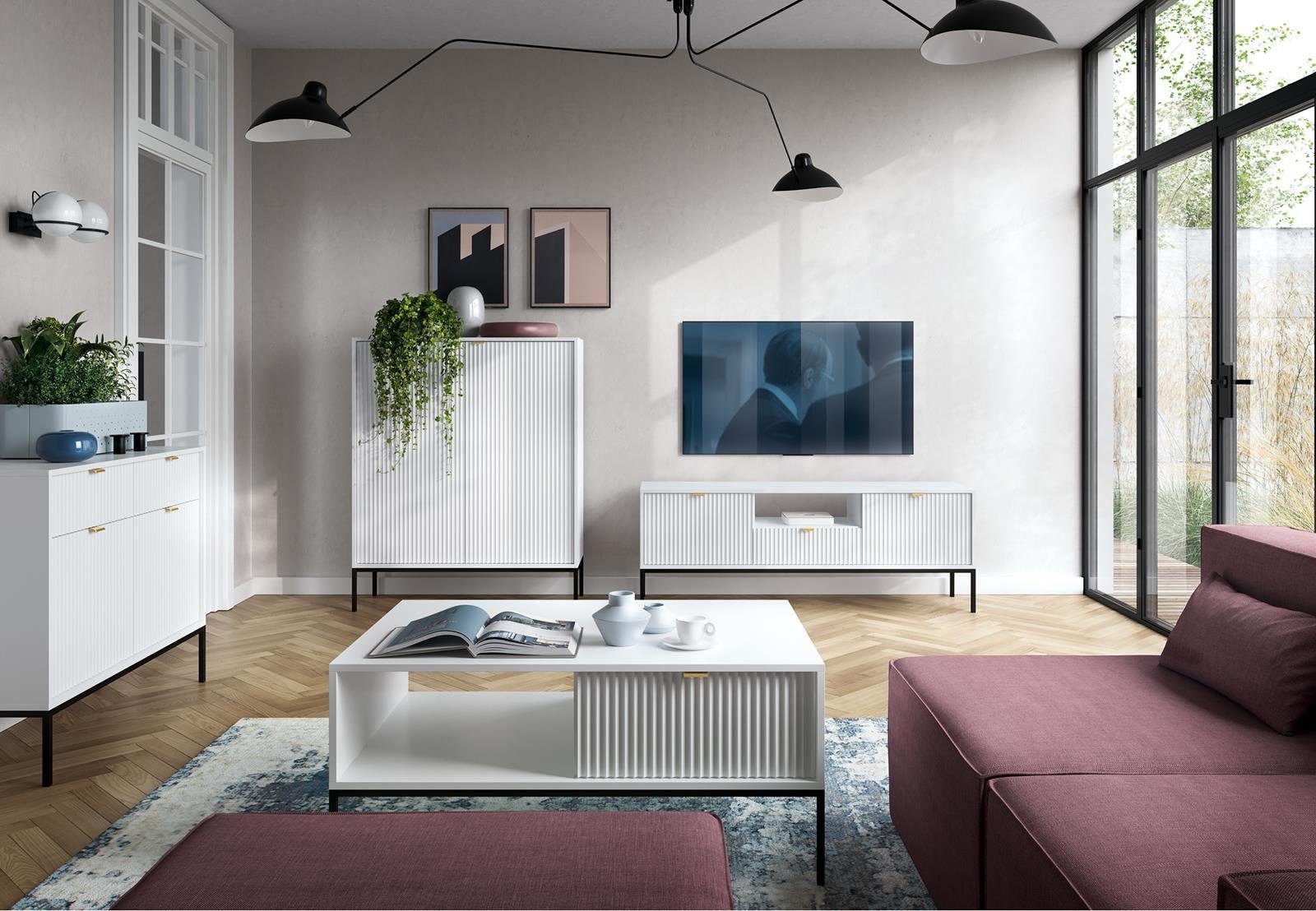 Beautysofa TV-Schrank Novia (Metallgestell, / Lowboard modernes für Wohnzimmer, Farbe) Stil Grau Weiß / Schwarz im