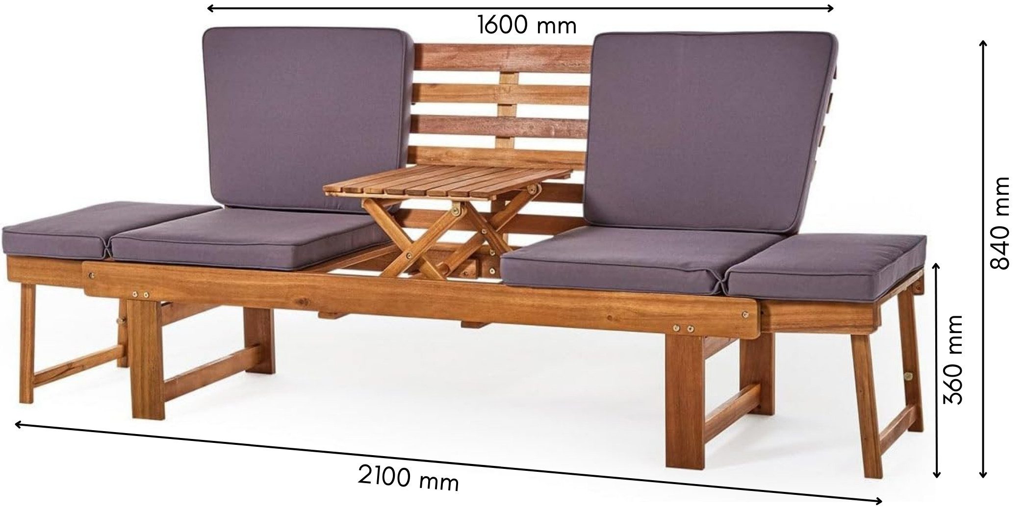 Wohnando Sitzbank Gartenbank "Monte" 202x 67x87cm (BxTxH), massives Akazienholz, FSC (1-St), braun, graue Sitzauflage, ausklappbarer Tisch, umklappbare Seitenteile