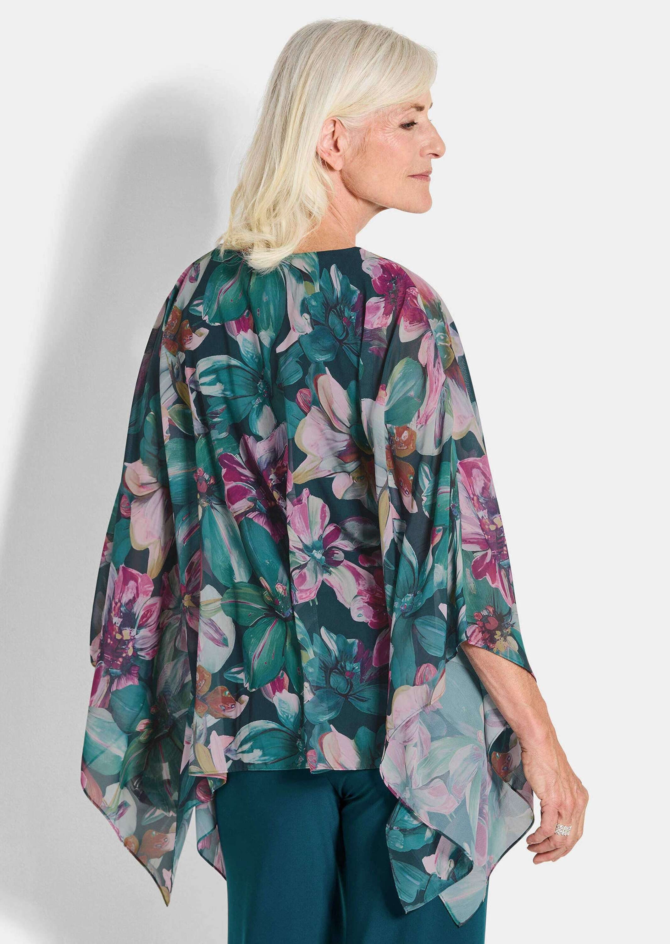 GOLDNER Tunika Elegantes Blusenshirt, florales Design Jerseyshirt mit Chiffon-Überwurf, U-Boot-Ausschnitt und 3/4-Arm