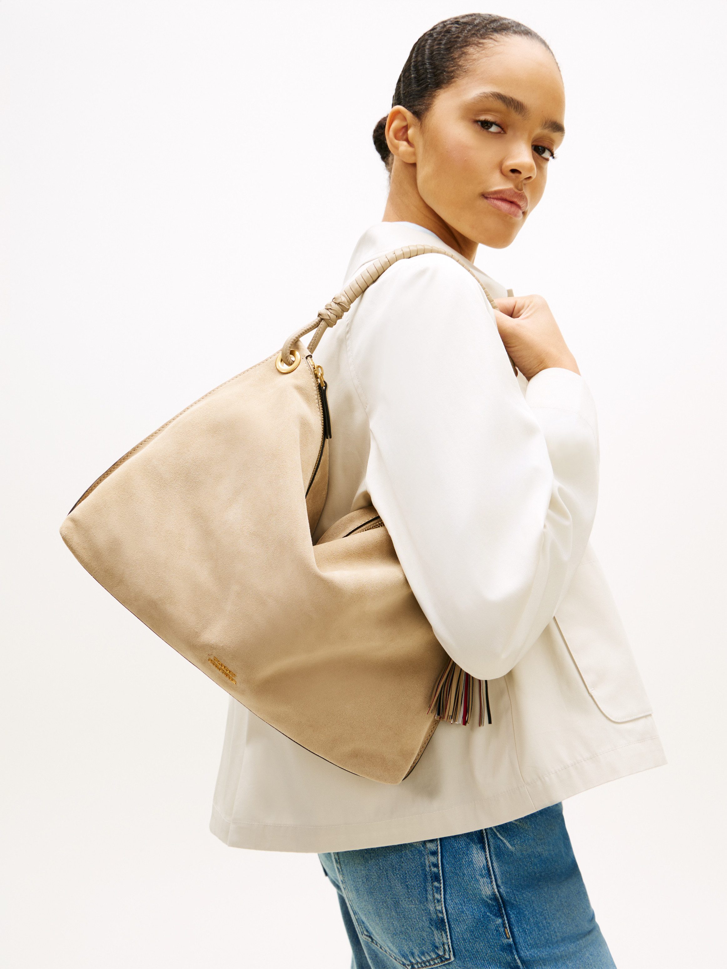 Tommy Hilfiger Schultertasche TH STATEMENT LEATHER BAG SUEDE, Damen Tragetasche, Handtasche mit modischen Quasten