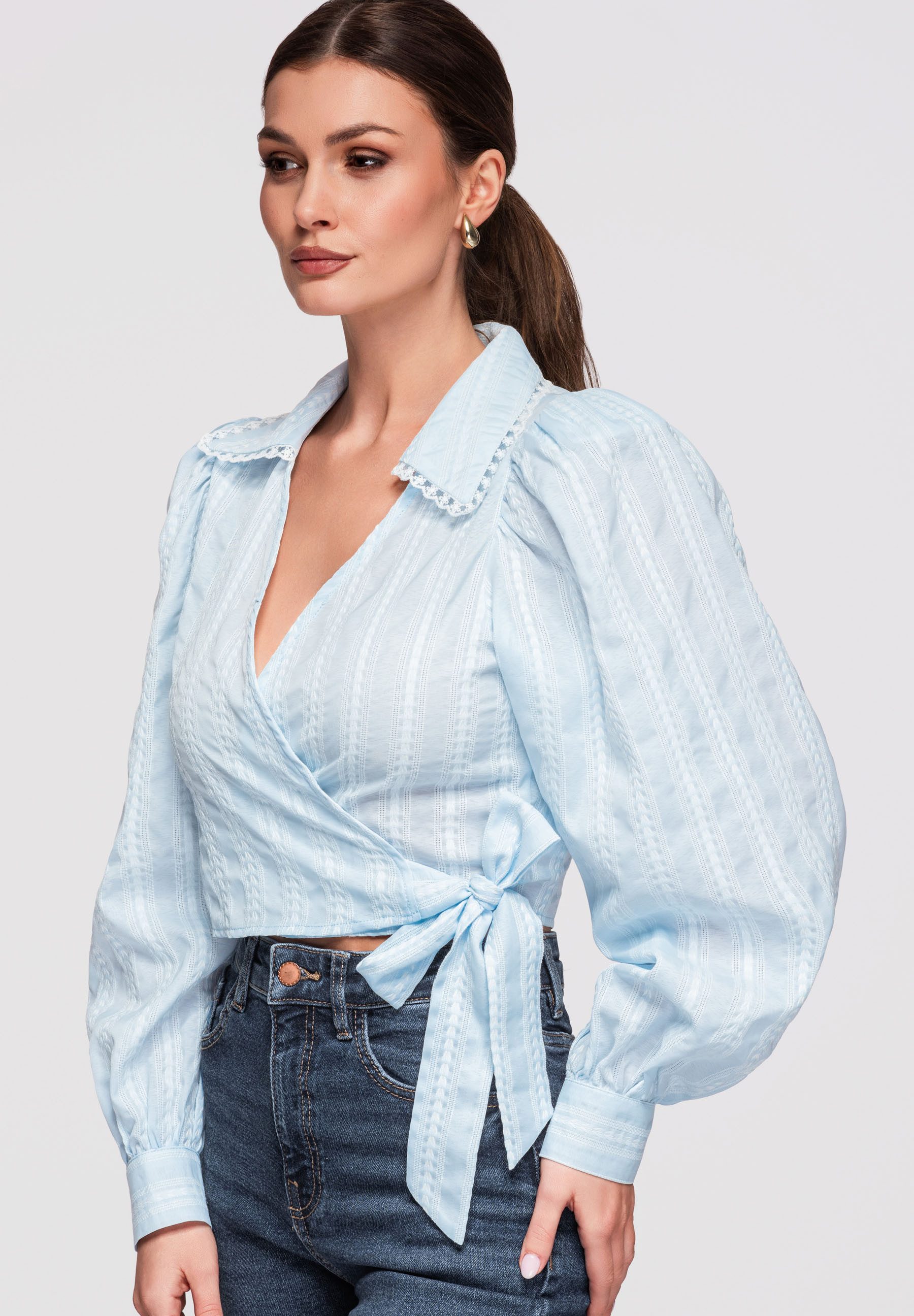 OMBRE Langarmbluse Damen Wickelbluse Kurz Slim Fit Blau L (kein Set, 1-tlg) Wickelbluse, taillierter Schnitt, Bindeband in der Taille