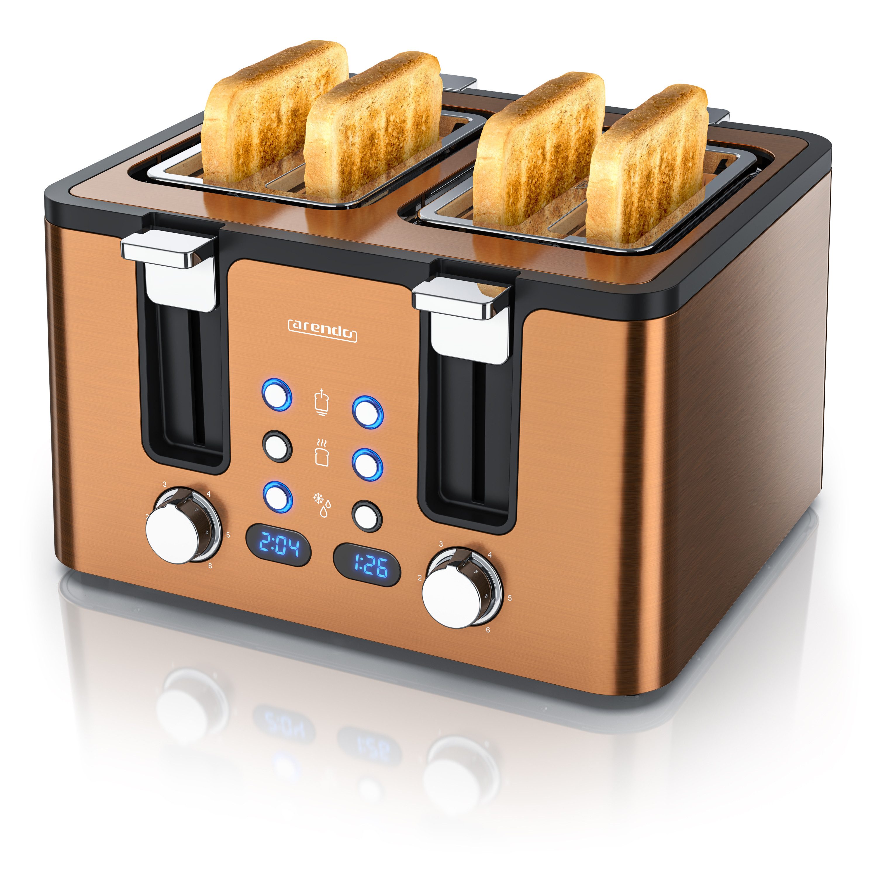 Arendo Toaster 4-Scheiben, Edelstahl, Brötchenaufsatz, Restzeitanzeige, Kupfer, 4 kurze Schlitze, für 4 Scheiben, 1750 W, Doppelwandgehäuse, Defrost Funktion, Krümelschublade, 6 Bräunungsgrade
