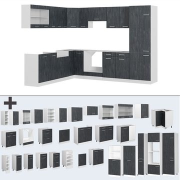 Livinity® Winkelküche R-Line, Schwarz Beton/Weiß, 227 x 287 cm ohne Arbeitsplatte