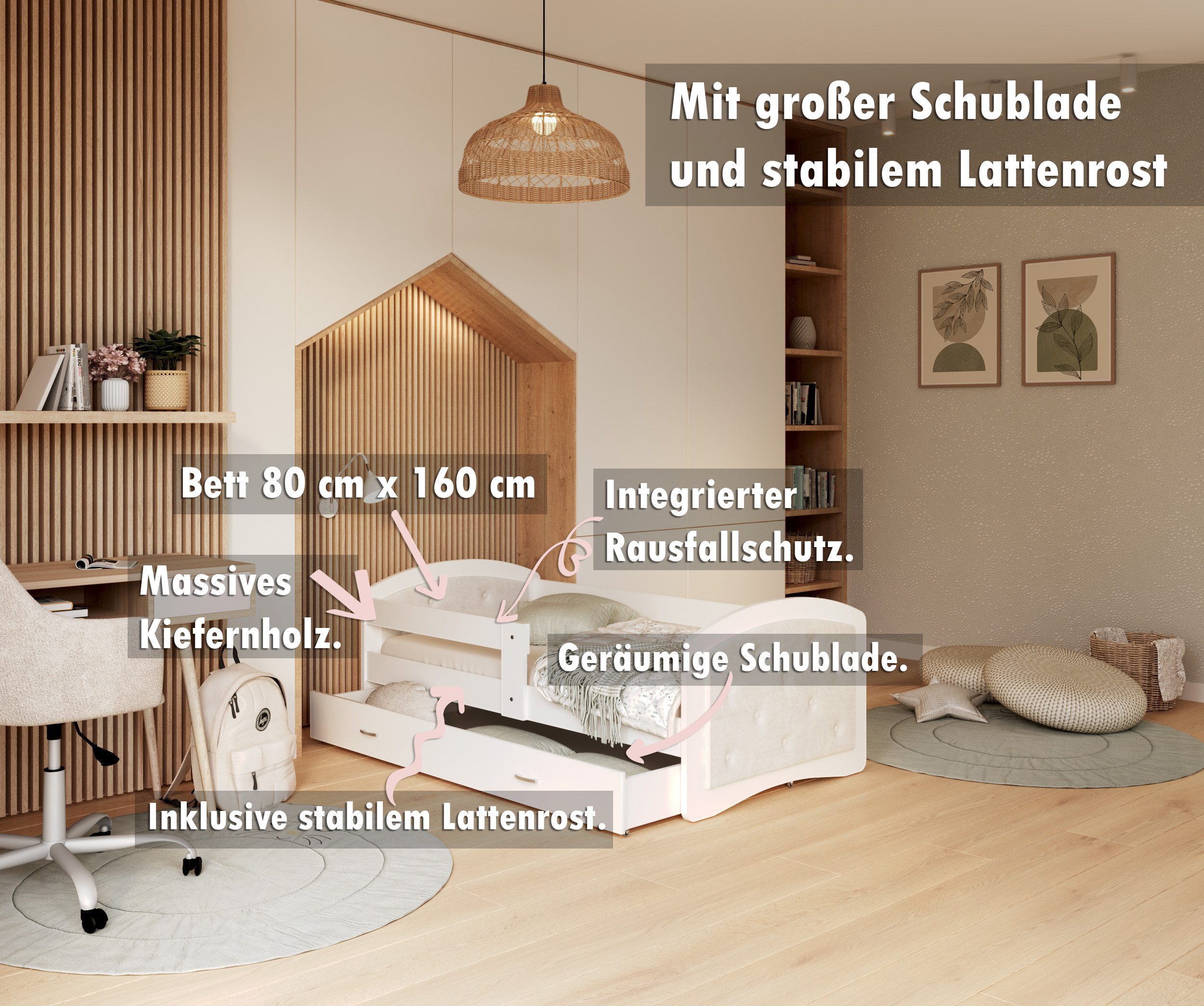 AJKmeble Kinderbett mit Rausfallschutz, 80x160, 80x180, günstig online kaufen