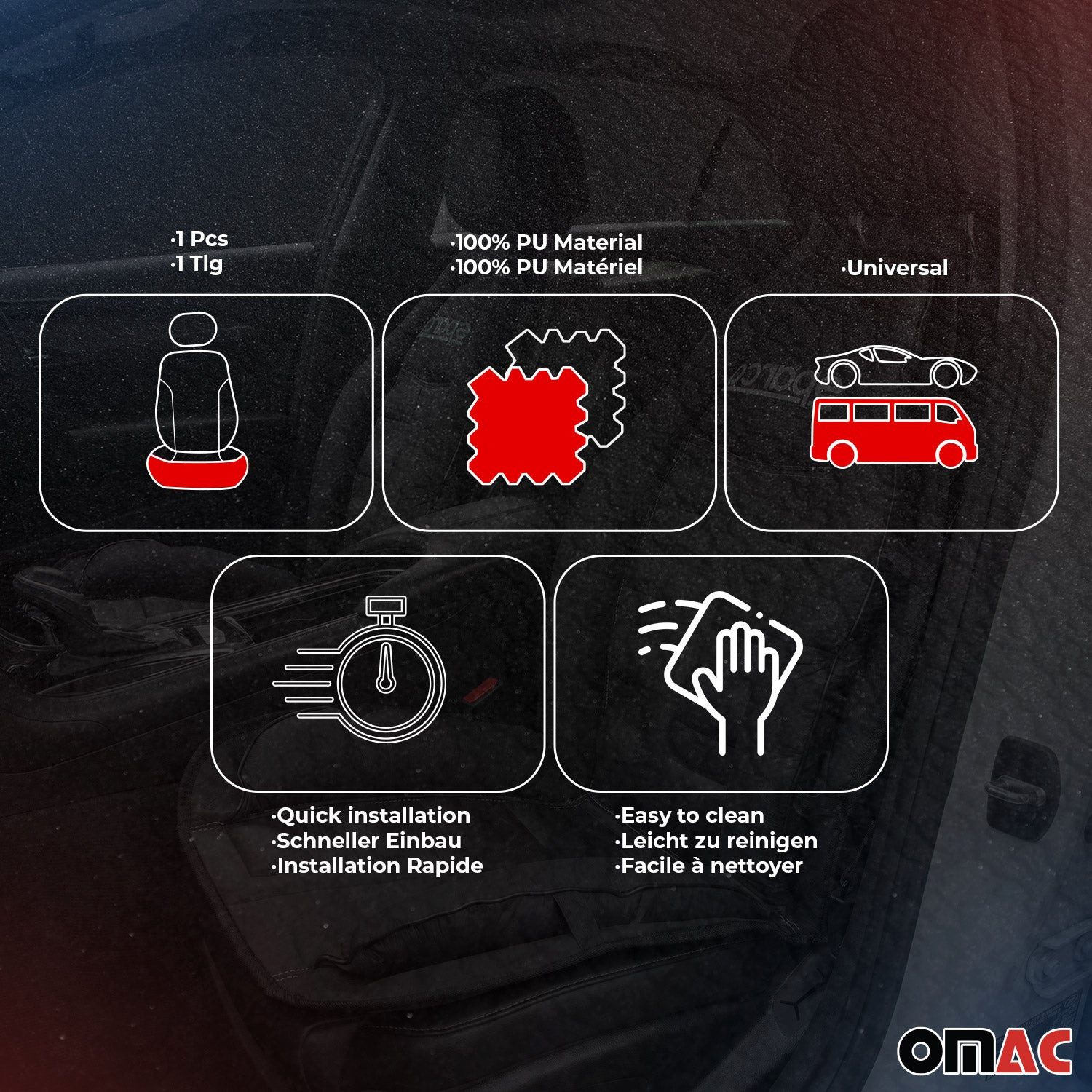 OMAC Autositzbezug SPARCO Sitzkissen Sitzauflage Universell Auto Sitzschutz Schwarz Rot, Atmungsaktiv, sportliches Aussehen, ergonomisch