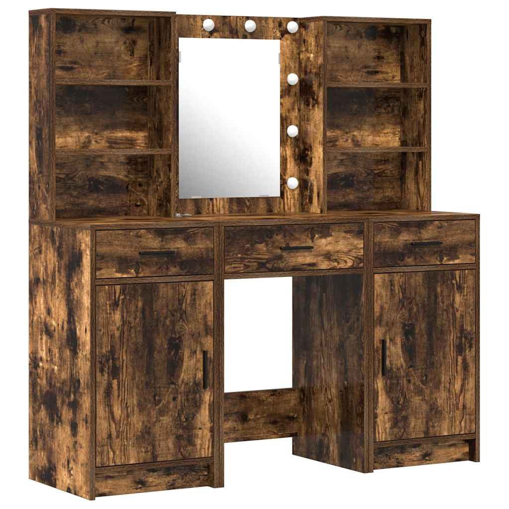 vidaXL Schminktisch Schminktischset mit LED 3 Stk. Geräucherte Eiche Holzwerkstoff (3-St)