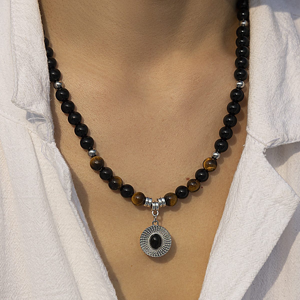 KARMA Perlenkette Anhänger Schwarz Braun unisex Halskette Damen Herren (1-tlg., Herrenhalskette Damenhalskette Schmuck Perlenschmuck), Glasperlen Edelstahl Kette Damenschmuck Herrenschmuck modern