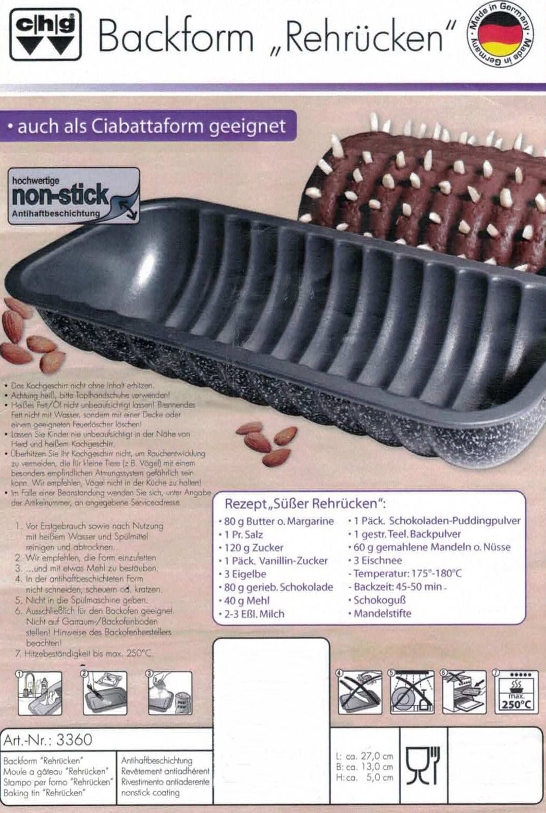 CHG Backform Mini Rehrücken Backform Backblech 27x13x5cm Ciabattaform Bratenform