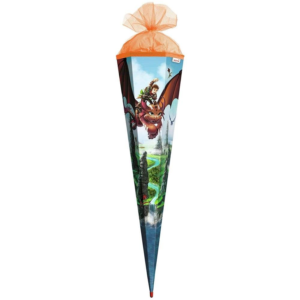 Roth Schultüte Drachenjäger, 85 cm, eckig, mit orangefarbigem Tüllverschluss, Rot(h)-Spitze