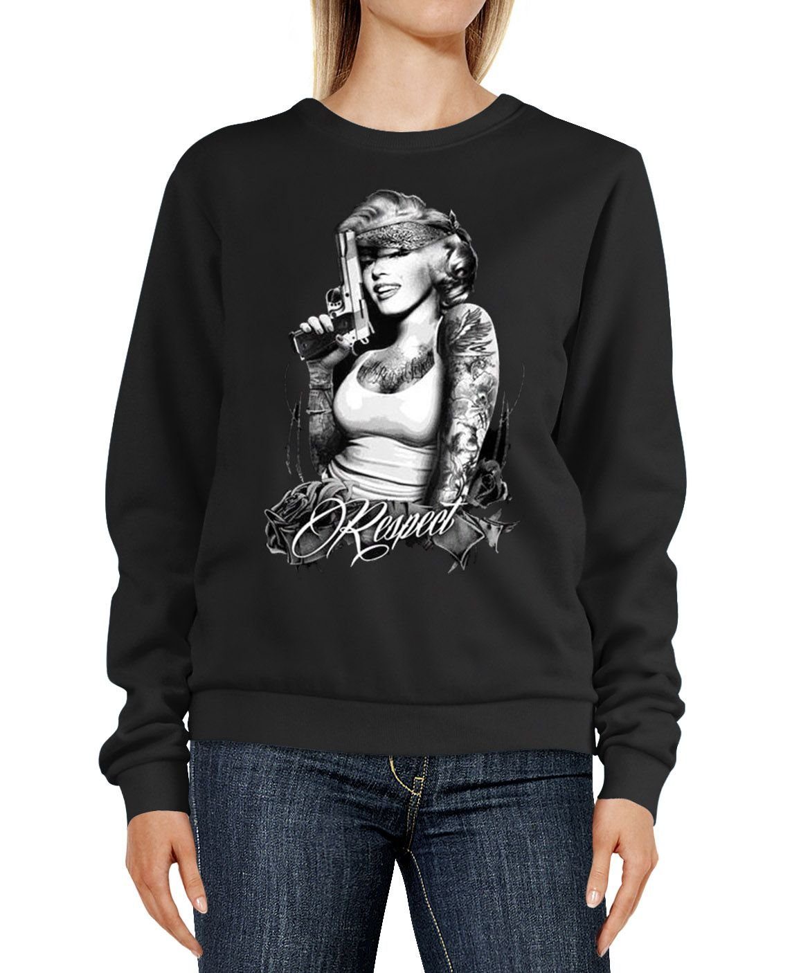 MoonWorks Sweatshirt Sweatshirt Damen Marilyn Monroe Pistole Schriftzug Respect Tattoo Gangster Waffe Rundhals-Pullover Pulli Sweater Moonworks®