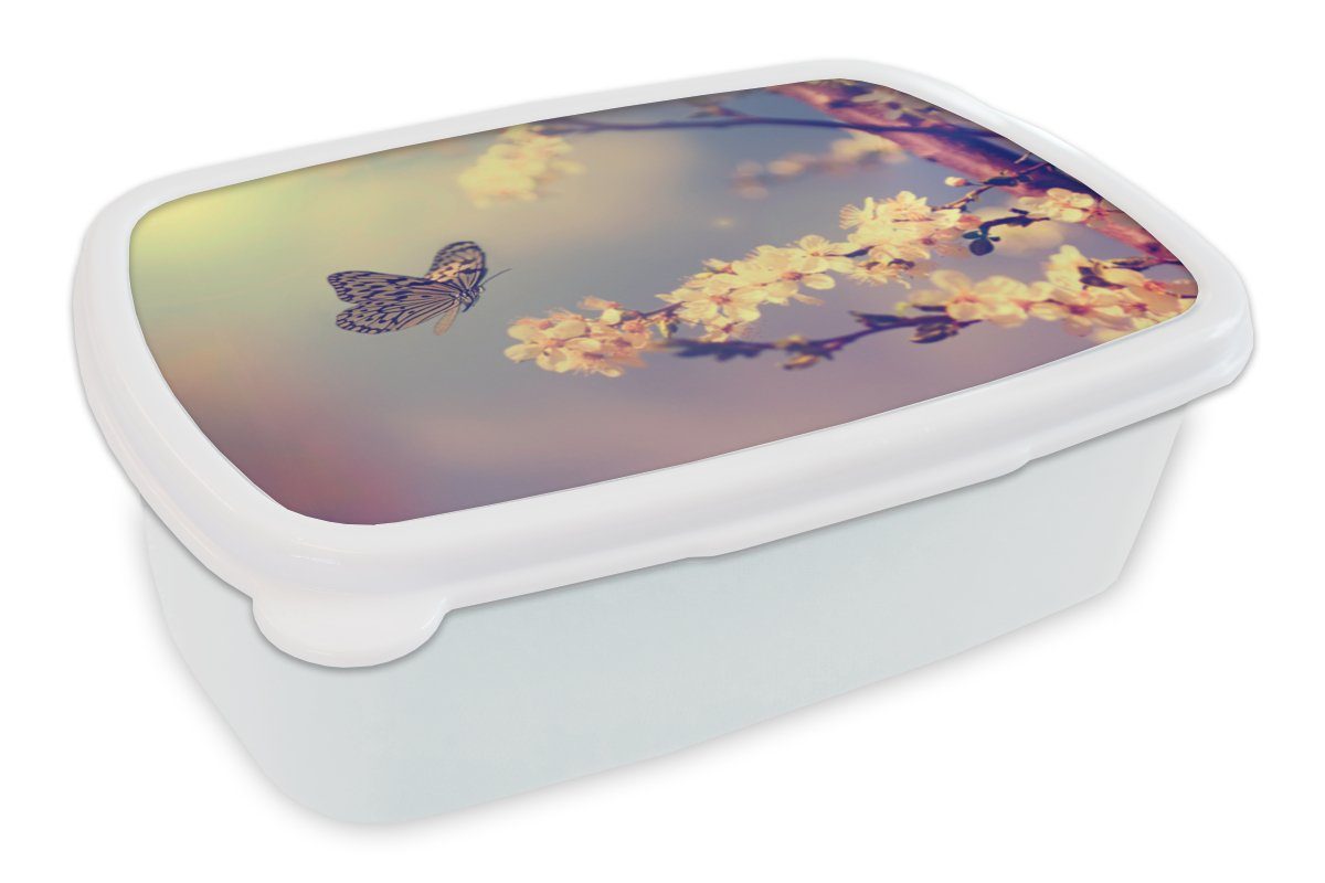 MuchoWow Lunchbox Schmetterlinge - Blüte - Zweig - Baum, Kunststoff, (2-tlg), Brotbox für Kinder und Erwachsene, Brotdose, für Jungs und Mädchen weiß