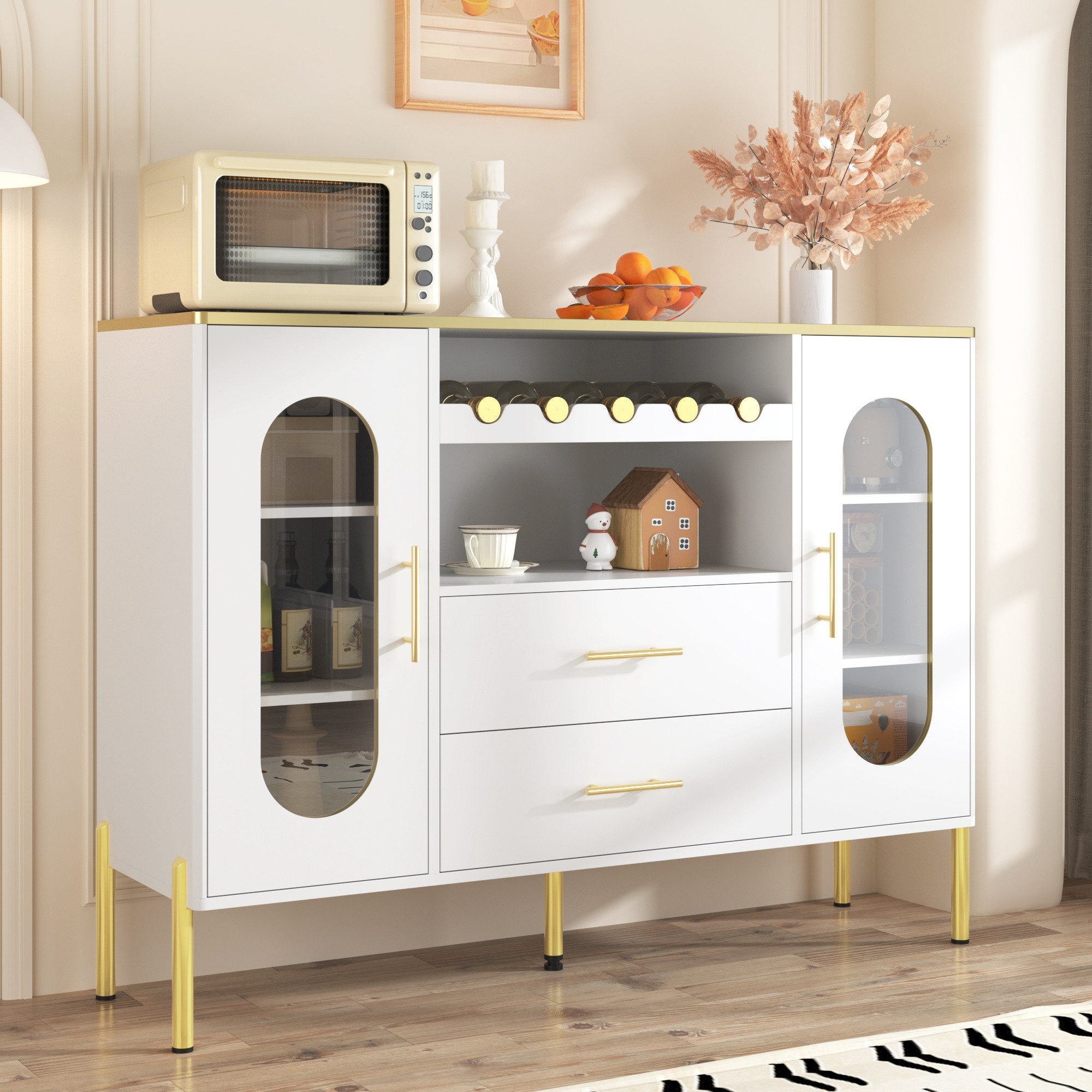 IDEASY Sideboard Weißes Sideboard: Glasfront, Weinregal & Stauraum
