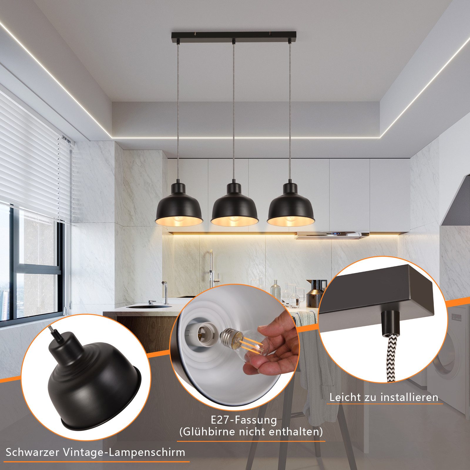 Nettlife Pendelleuchte Schwarz Vintage Esstisch E27 3 Flammig Hängelampe Metall, Höhenverstellbar, LED wechselbar, Für Esstisch Wohnzimmer Esszimmer Küche