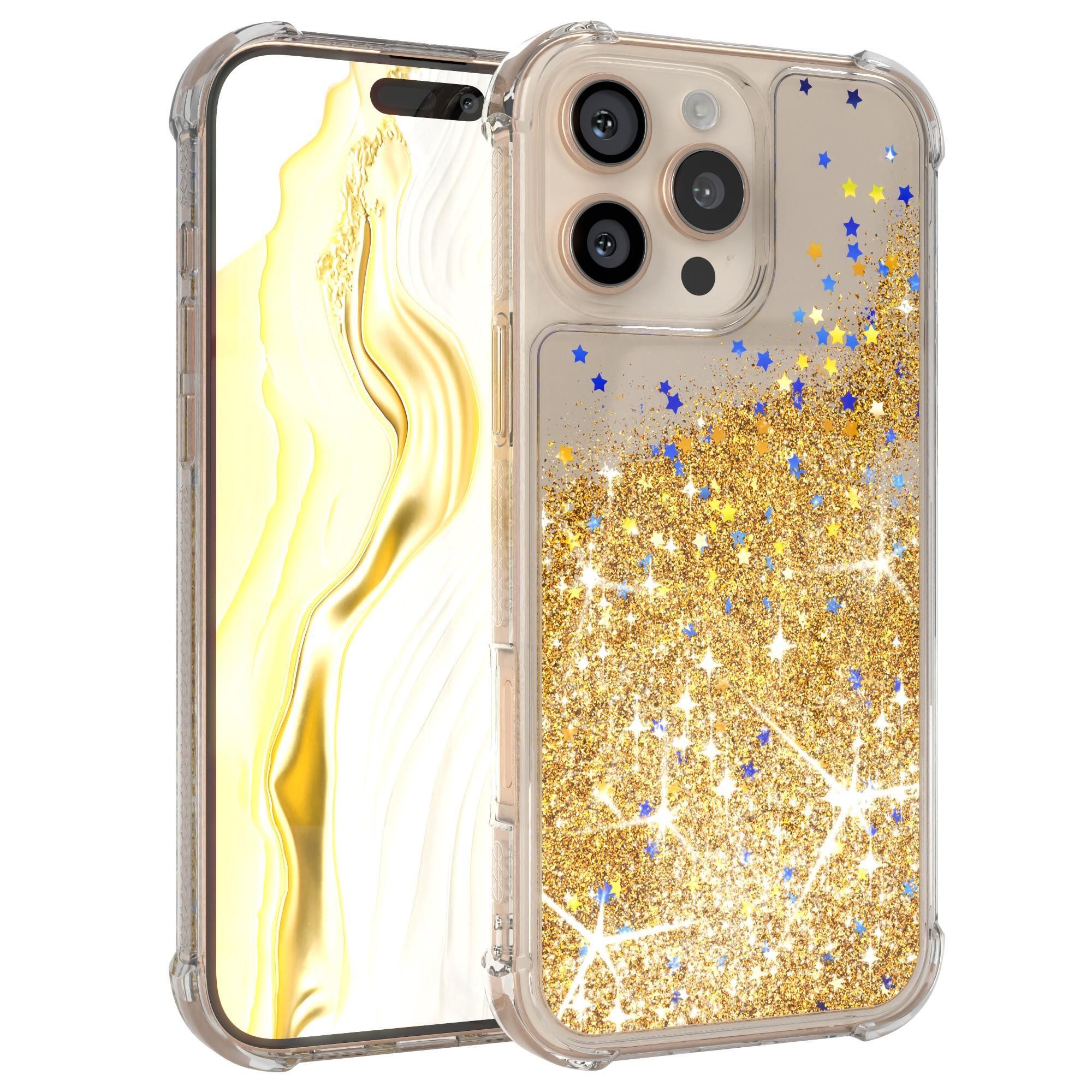 EAZY CASE Handyhülle Liquid Glittery Case für Apple iPhone 16 Pro Max 6,9 Zoll, Durchsichtig Back Case Handy Softcase Silikonhülle Glitzer Cover Gold