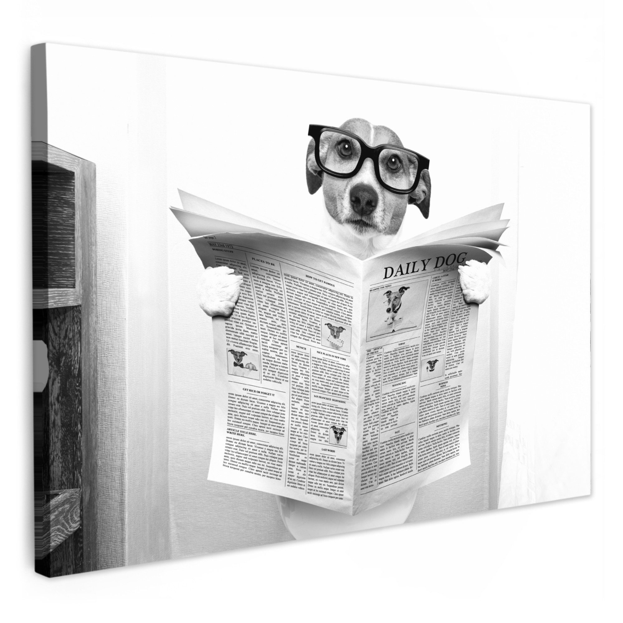 OneMillionCanvasses® Leinwandbild Hund - Zeitung - Toilette - Schwarz und w günstig online kaufen