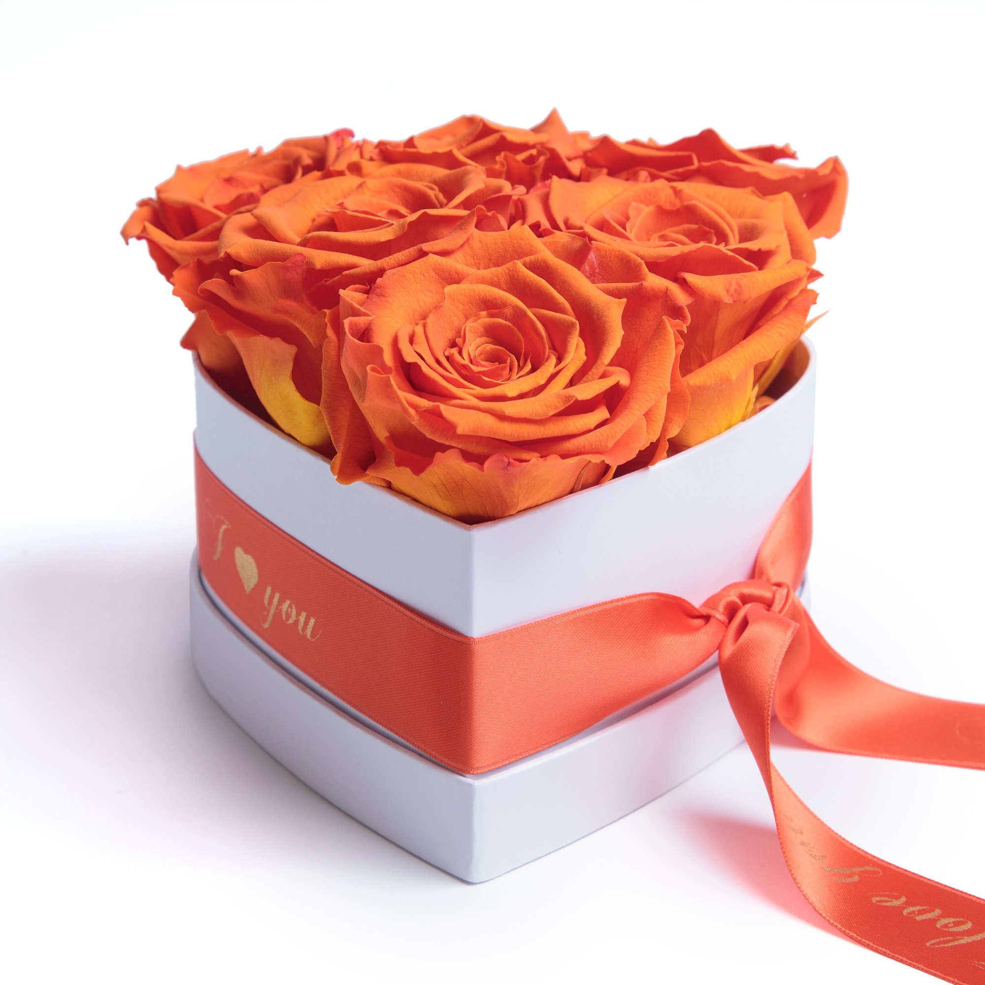 Kunstblume Infinity Rosenbox Herz 6 ewige Rosen I Love You Geschenk für Frauen Rose, ROSEMARIE SCHULZ Heidelberg, Höhe 10 cm, Valentinstag Geschenk für Frau Orange