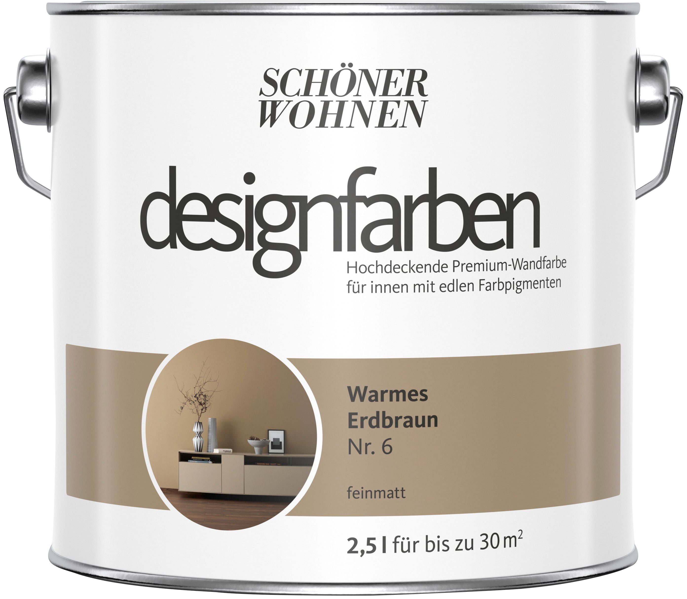Premium-Wandfarbe Designfarben, Wand- und Warmes 2,5 FARBE SCHÖNER Liter, hochdeckende Deckenfarbe Erdbraun WOHNEN 6, Nr.