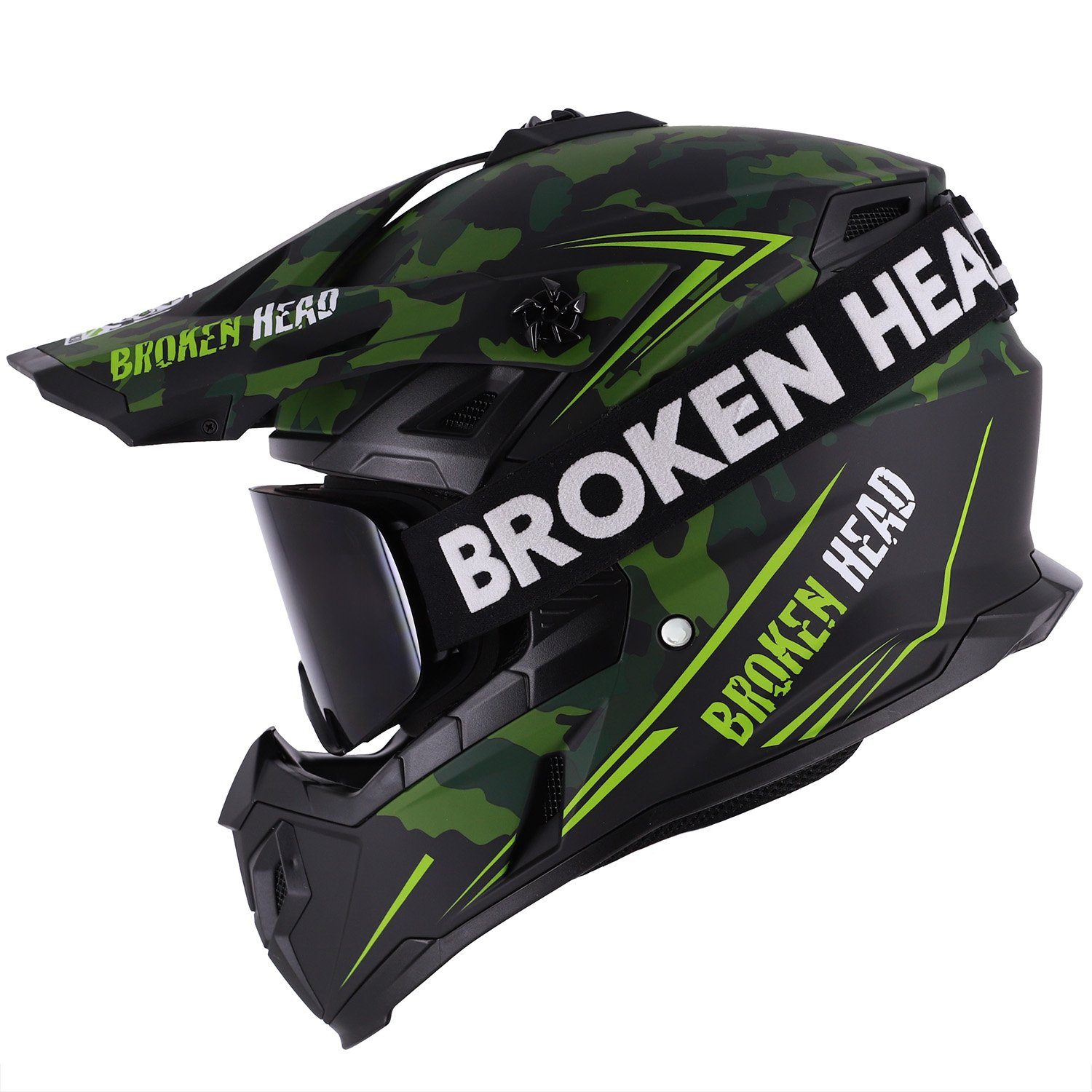 Broken Head Motocrosshelm Squadron Grün (Mit MX-Brille Struggler Schwarz), Zwei Verschlüsse