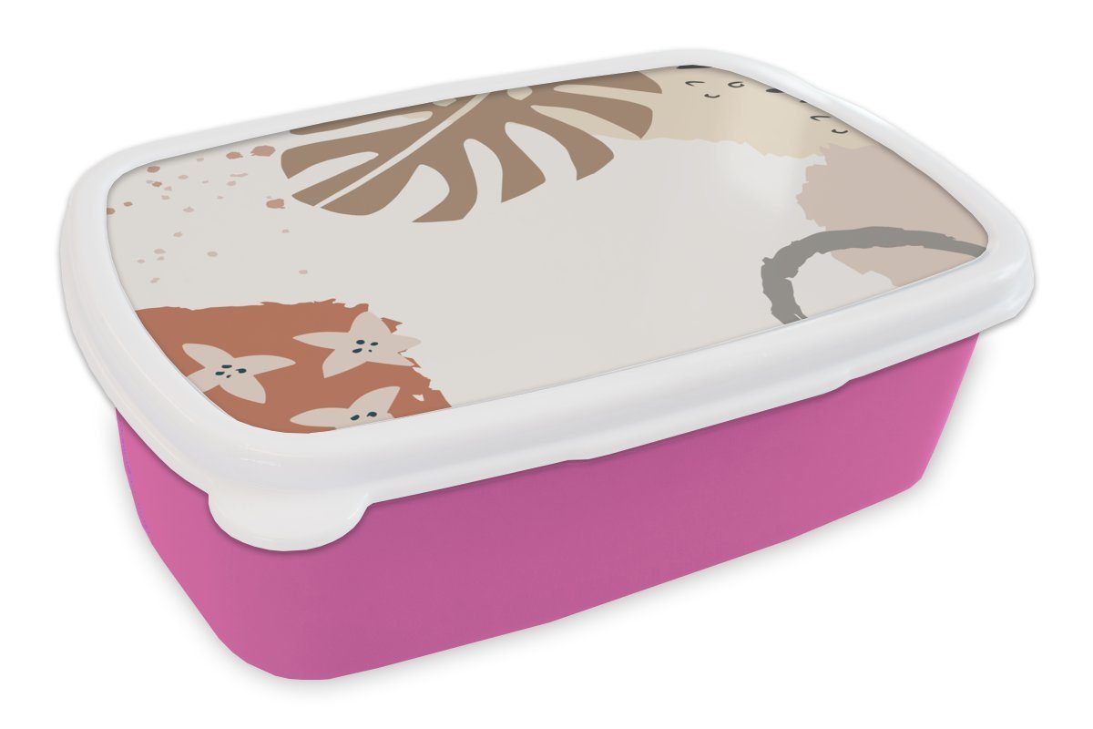 MuchoWow Lunchbox Sommer - Monstera - Grau, Kunststoff, (2-tlg), Brotbox für Erwachsene, Brotdose Kinder, Snackbox, Mädchen, Kunststoff rosa