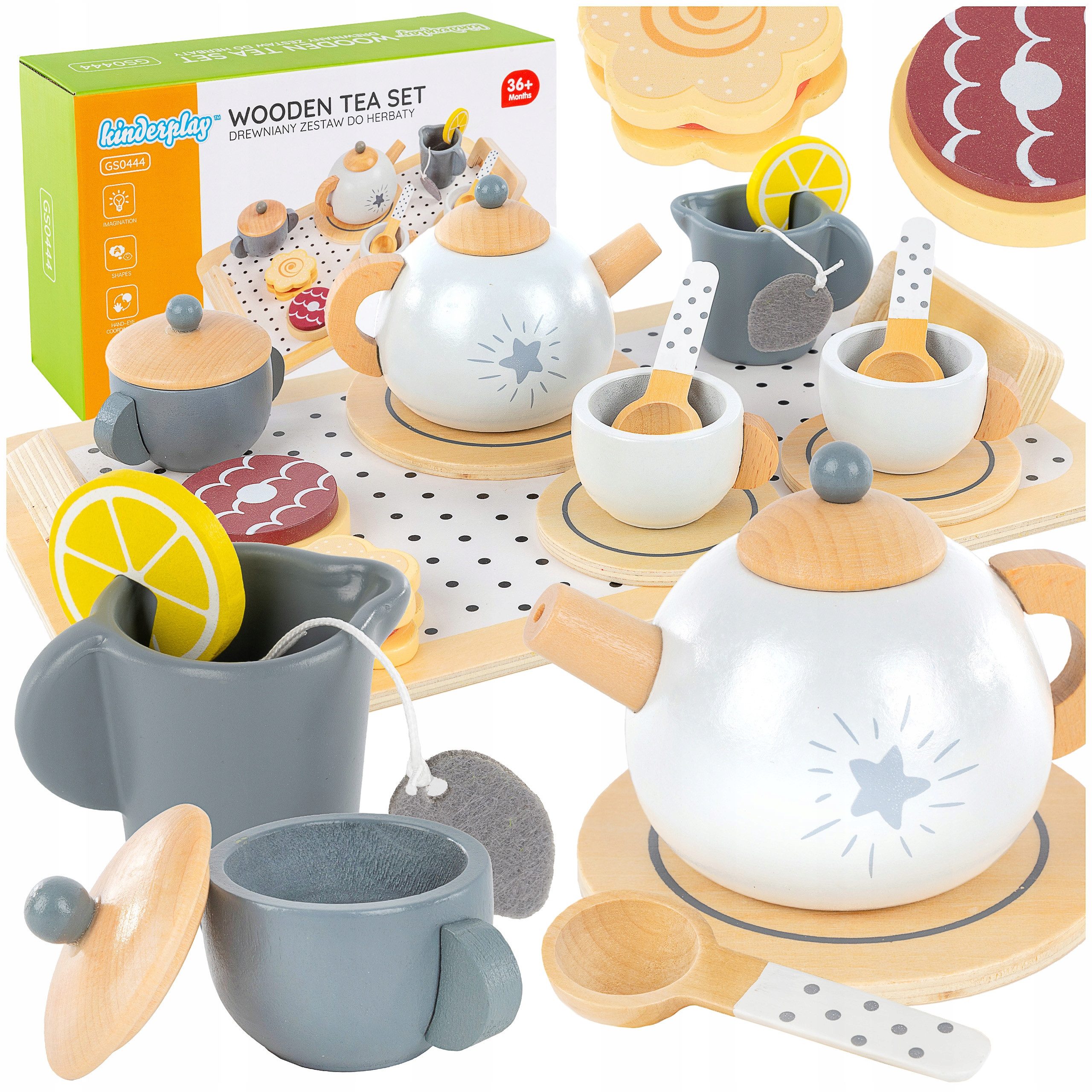 Green Series Spielküche Holz Tee Set für Kinder – 17-teilig – Rollenspiel – Pastellfarben Holz, aus Holz