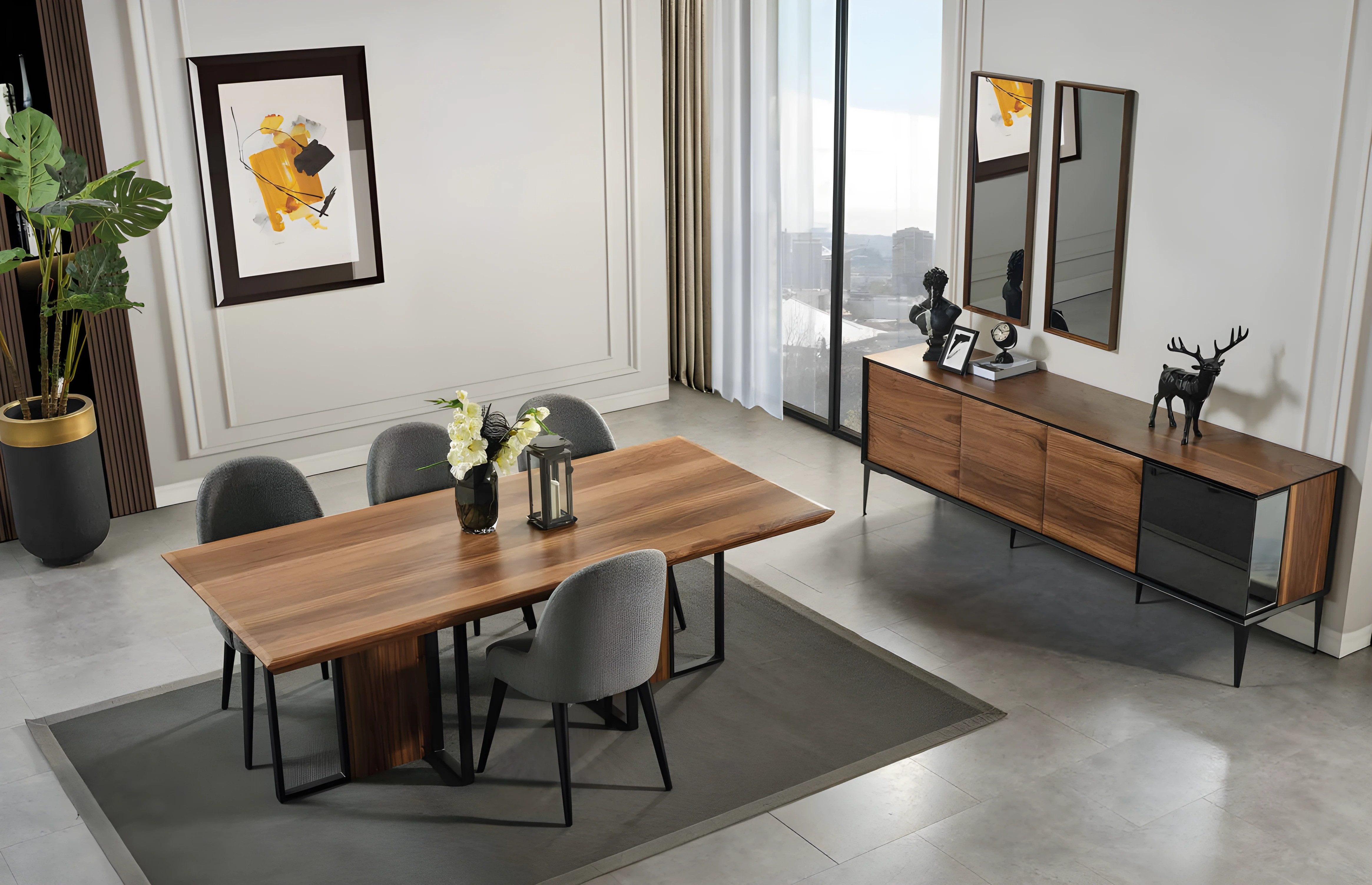 JVmoebel Essgruppe Braunes Esstisch Set 7-teilig mit Kommode, Stühlen und Spiegel